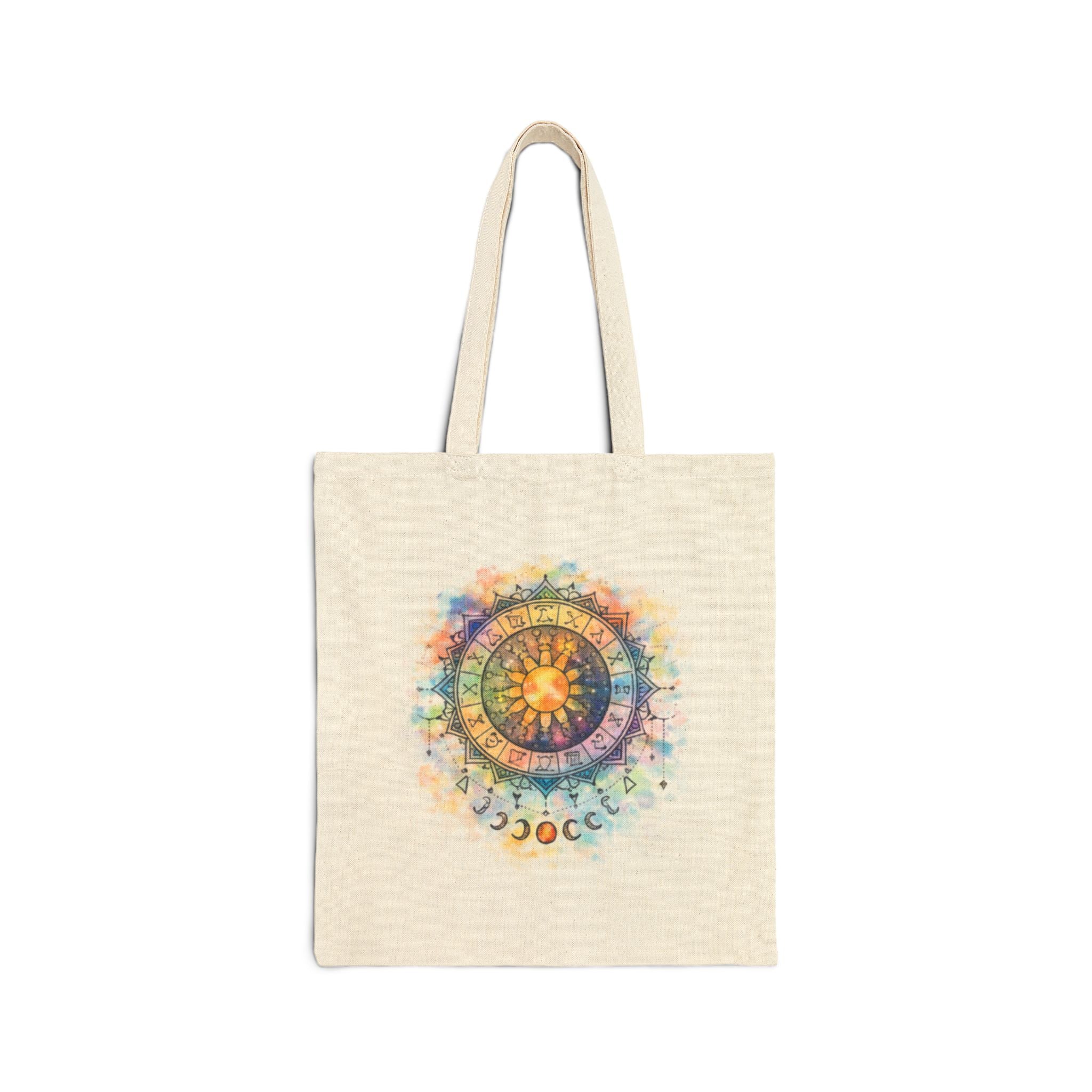 Watercolor Sun Mandala Tote Bag | Celestial Moon Phase Design