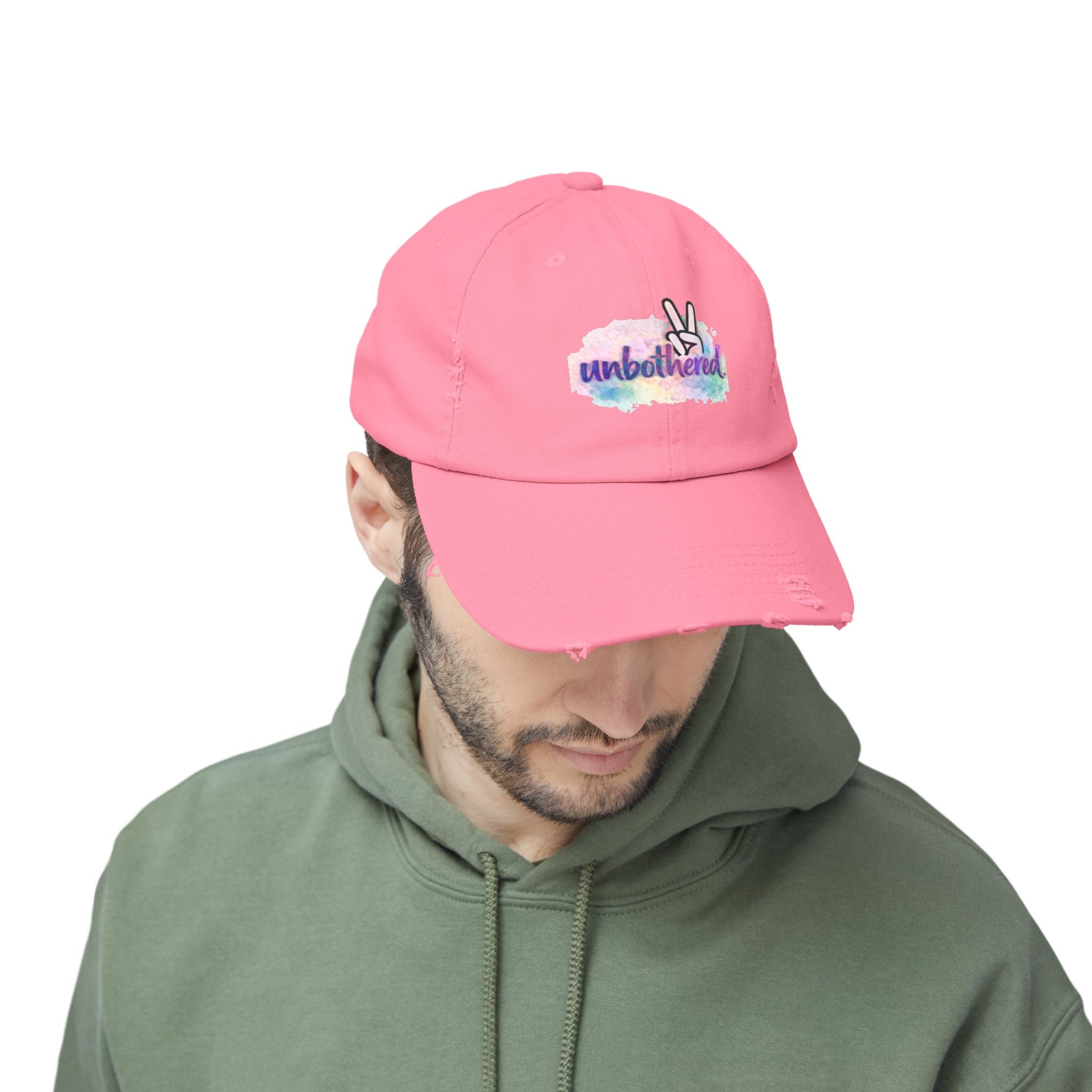 Unbothered Distressed Cap — Pastel Peace Sign Baseball Hat