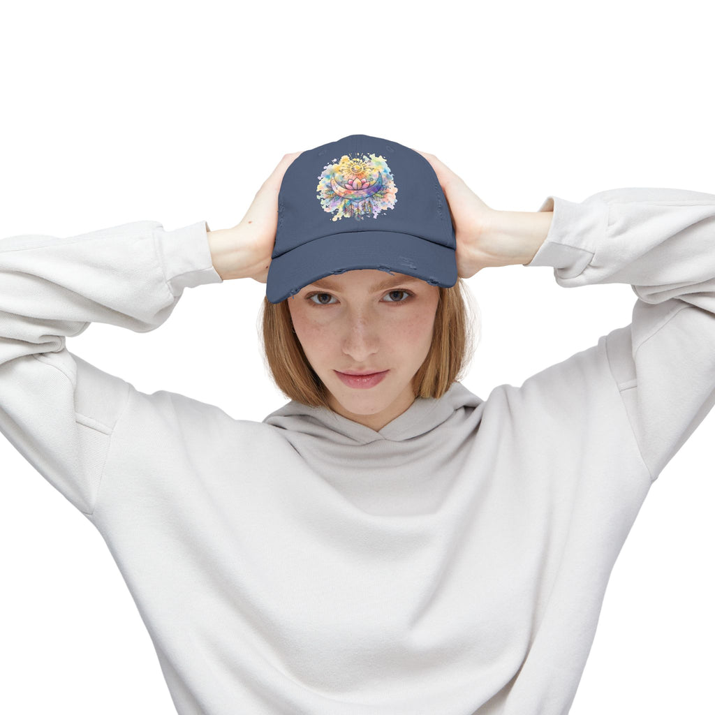Distressed Cap with Watercolor Lotus & Crescent Moon — Boho Yoga Hat