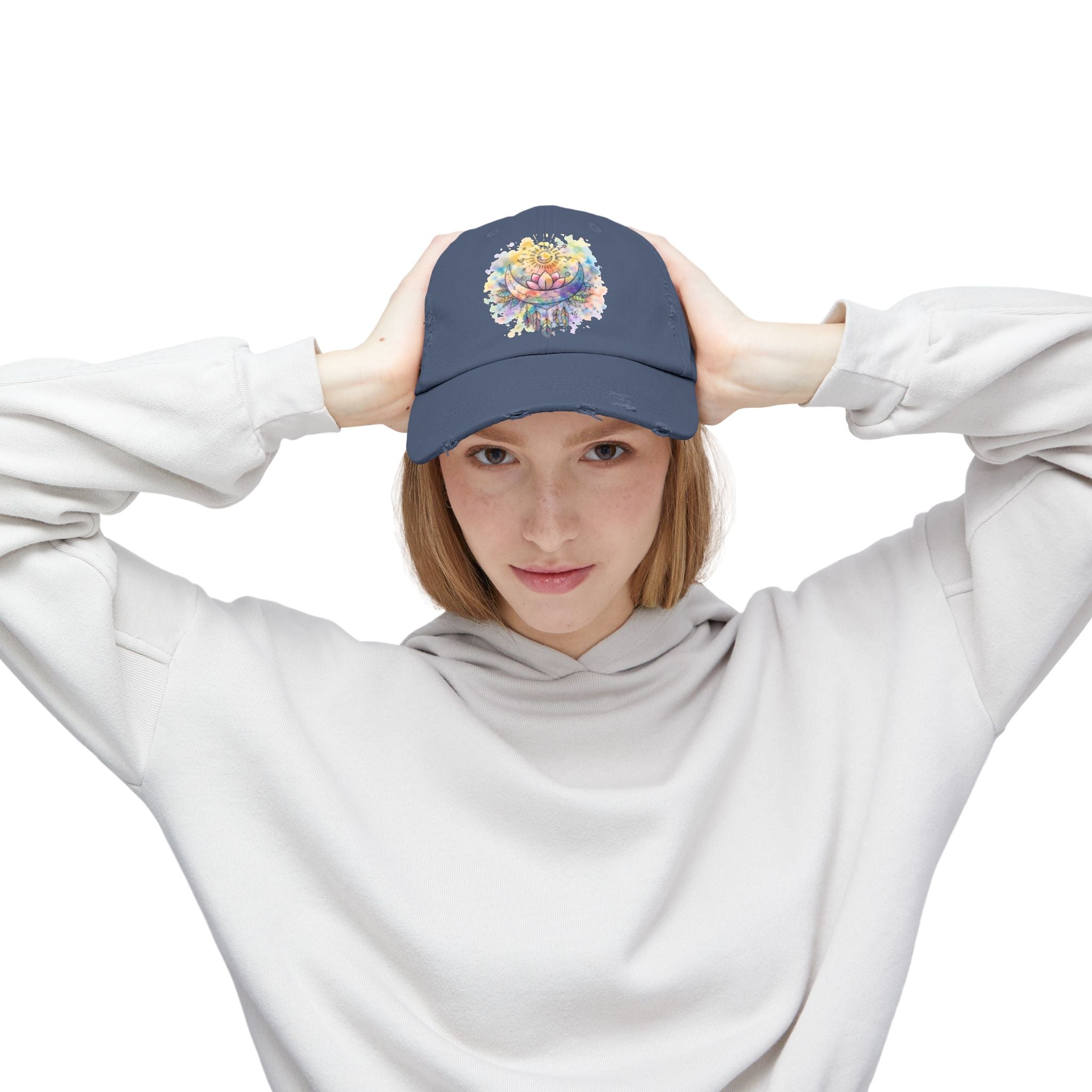 Distressed Cap with Watercolor Lotus & Crescent Moon — Boho Yoga Hat