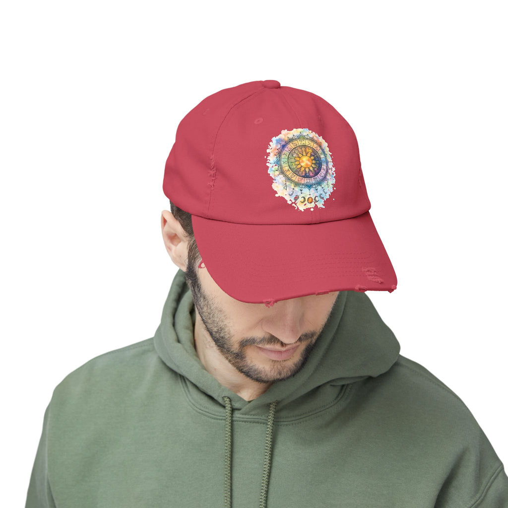 Distressed Cap — Watercolor Compass Mandala Hat