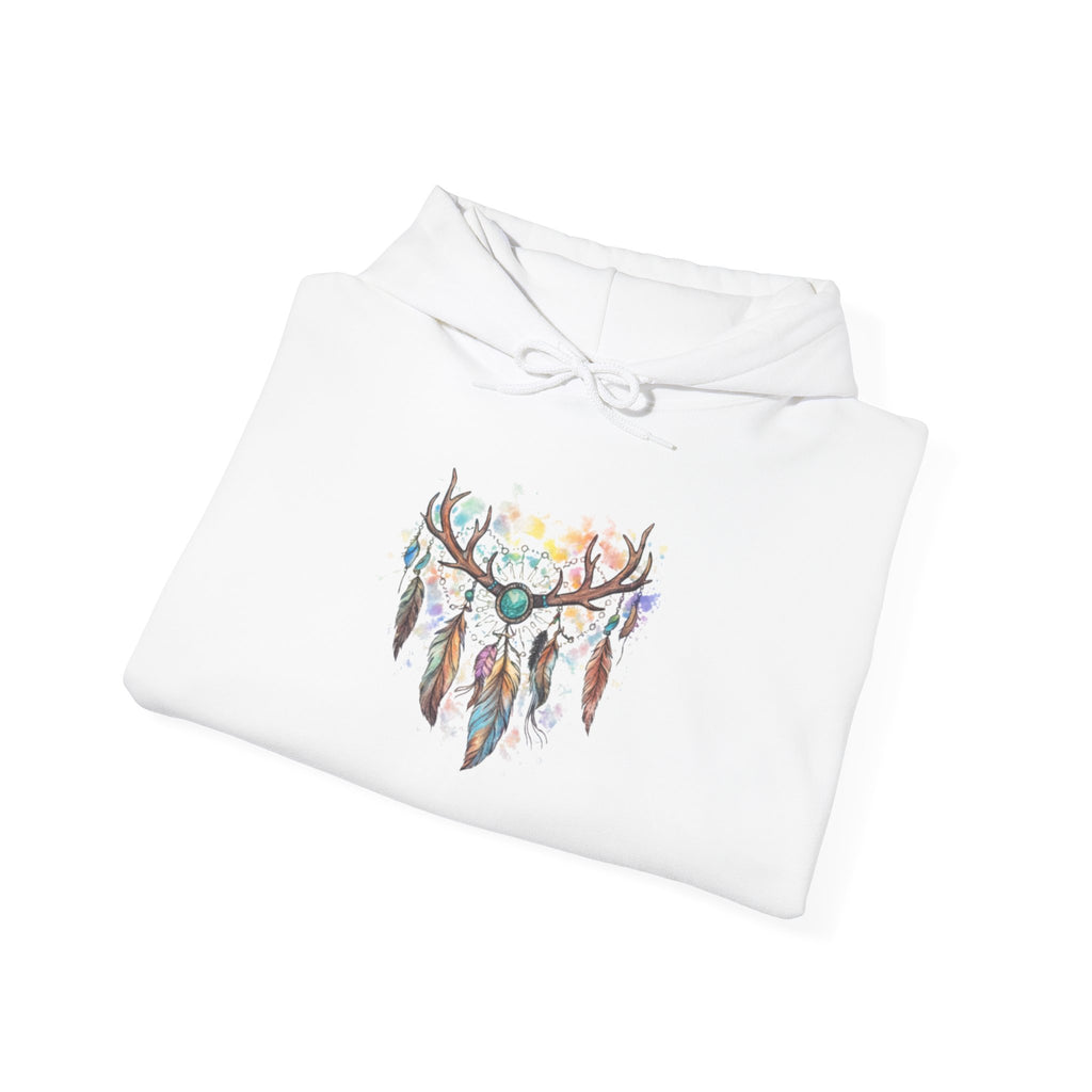 Dreamcatcher Antler Hoodie — Watercolor Feathers & Floral Boho Sweatshirt