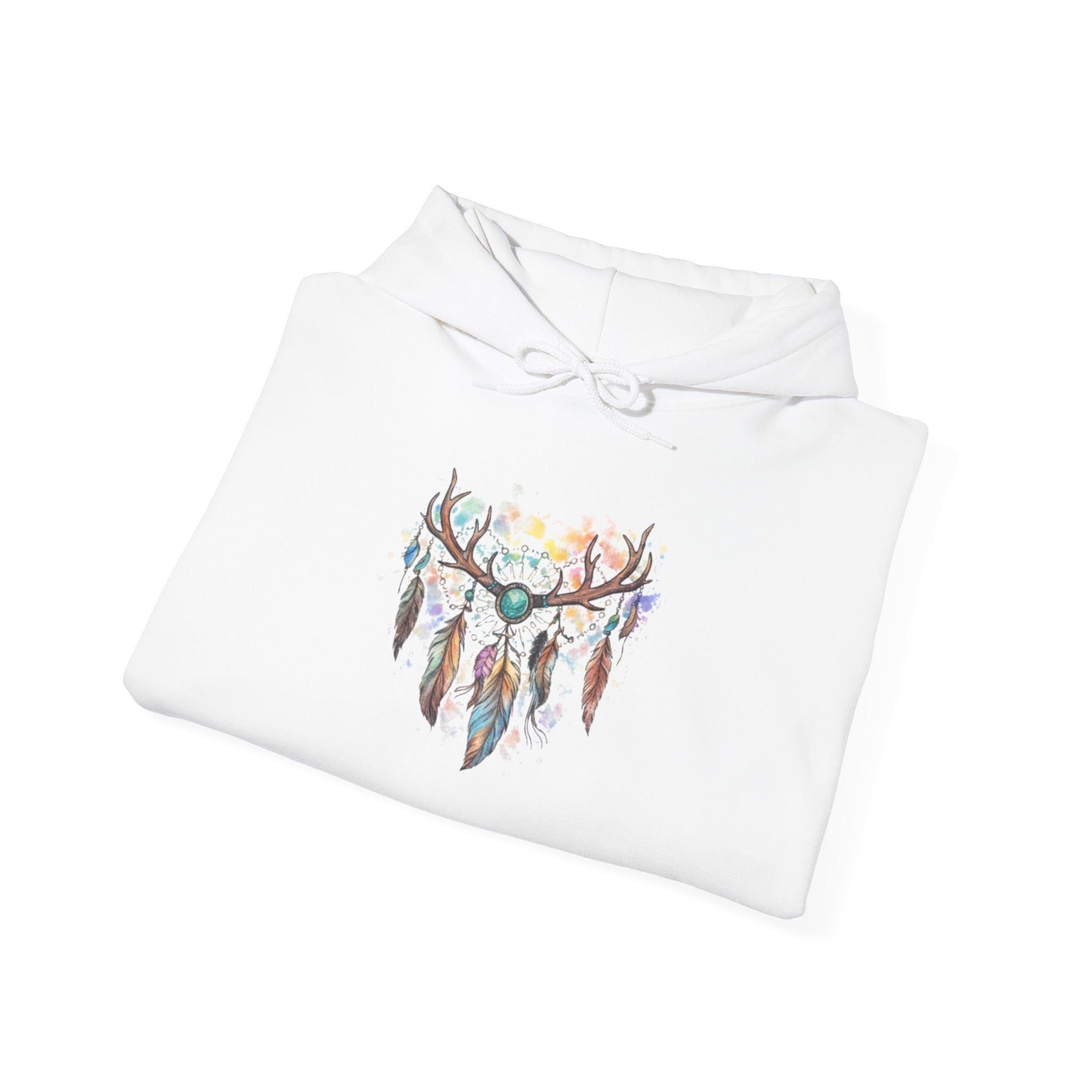 Dreamcatcher Antler Hoodie — Watercolor Feathers & Floral Boho Sweatshirt