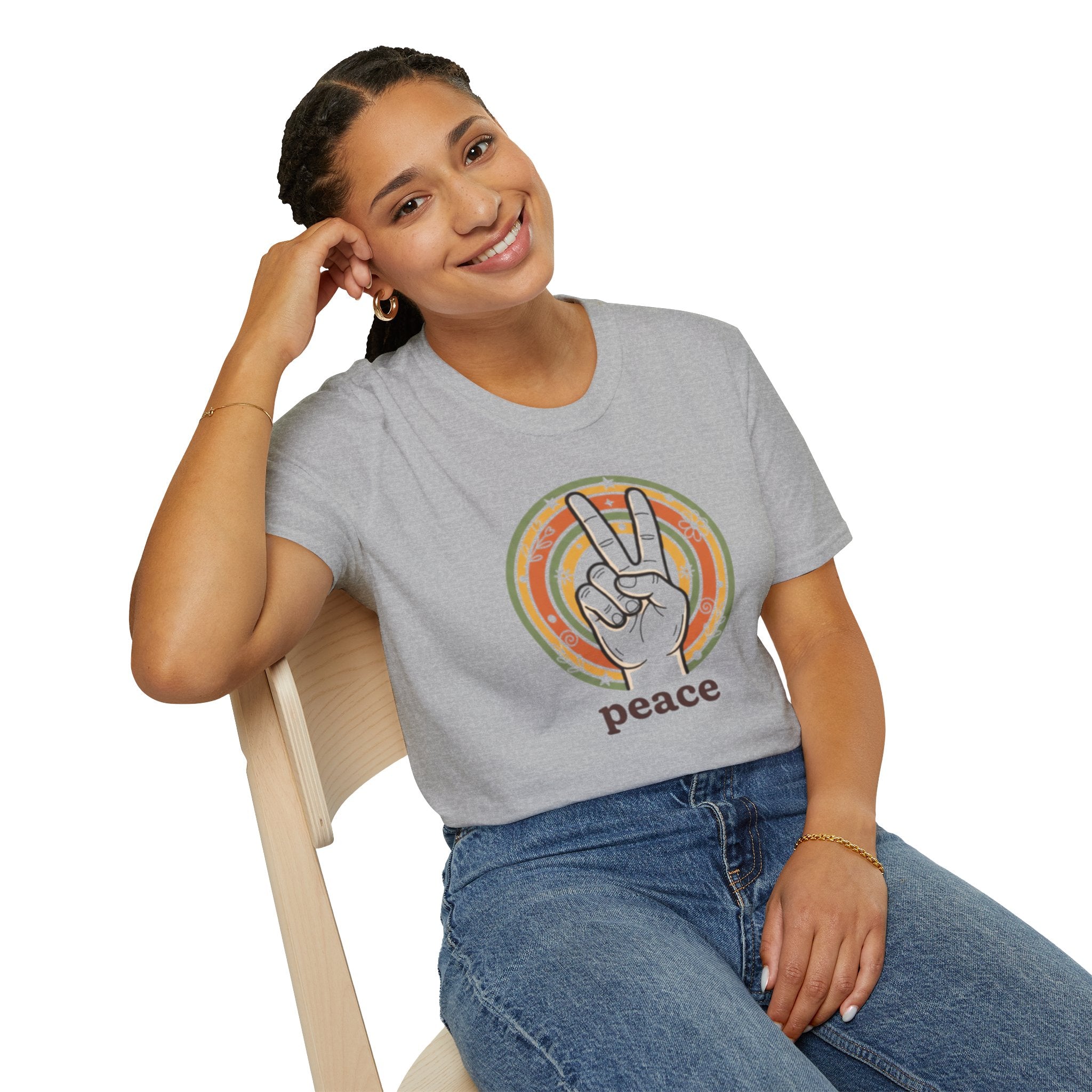 Peace Hand Sign T-Shirt | Retro Rainbow Circle, Vintage Hippie Vibe