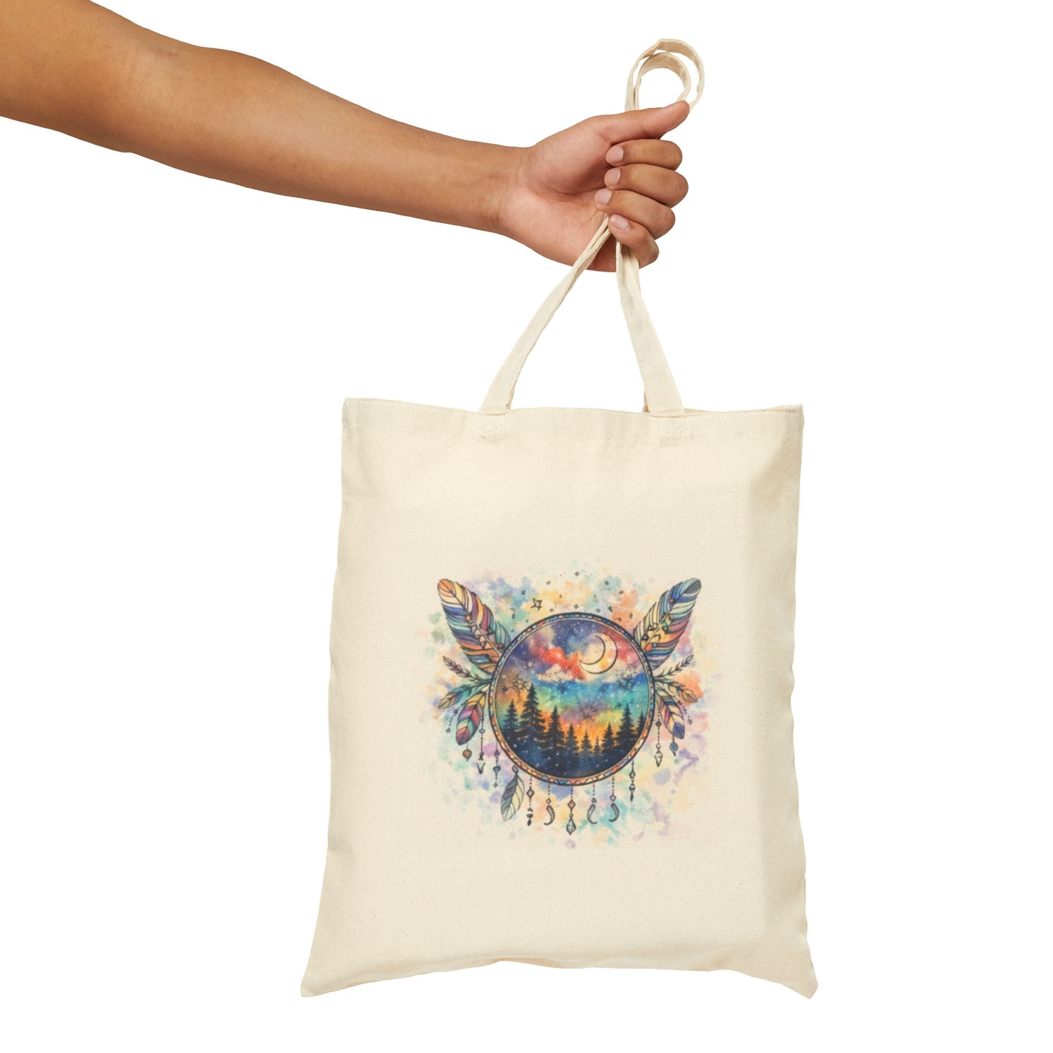 Watercolor Dreamcatcher Tote Bag | Forest Sunset Boho Canvas Tote