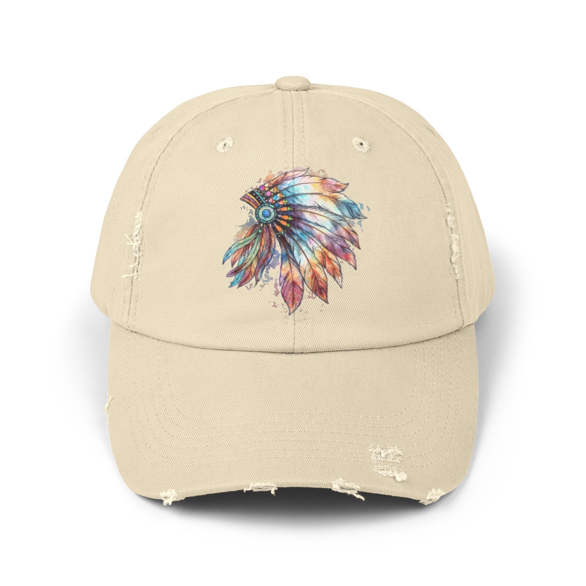 Distressed Cap with Colorful Watercolor Native Feather Headdress