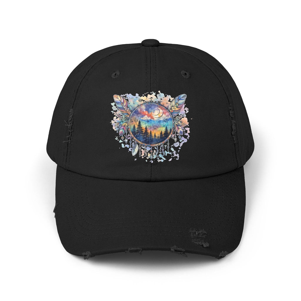 Wolf Moon Distressed Cap — Watercolor Nightscape Hat