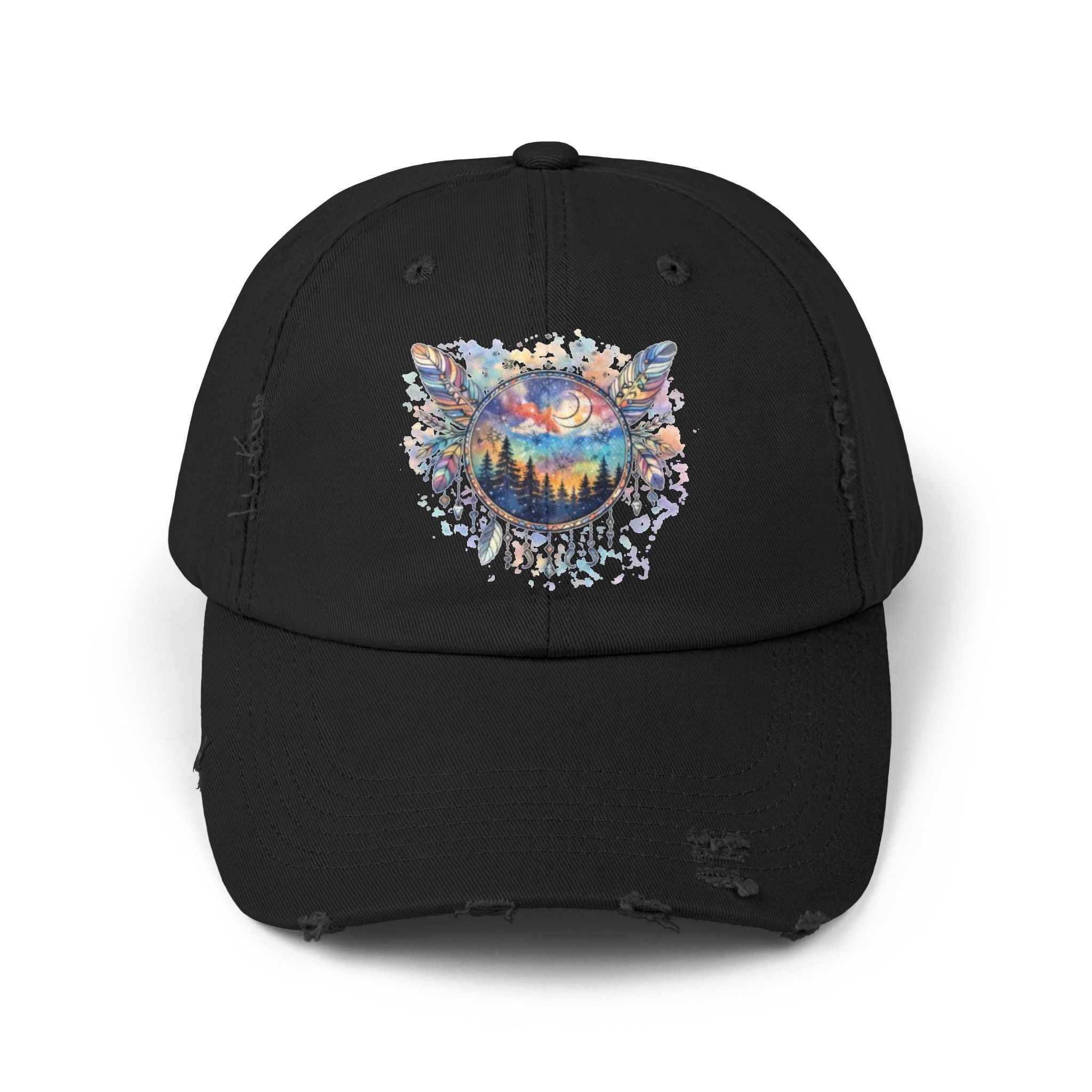 Wolf Moon Distressed Cap — Watercolor Nightscape Hat