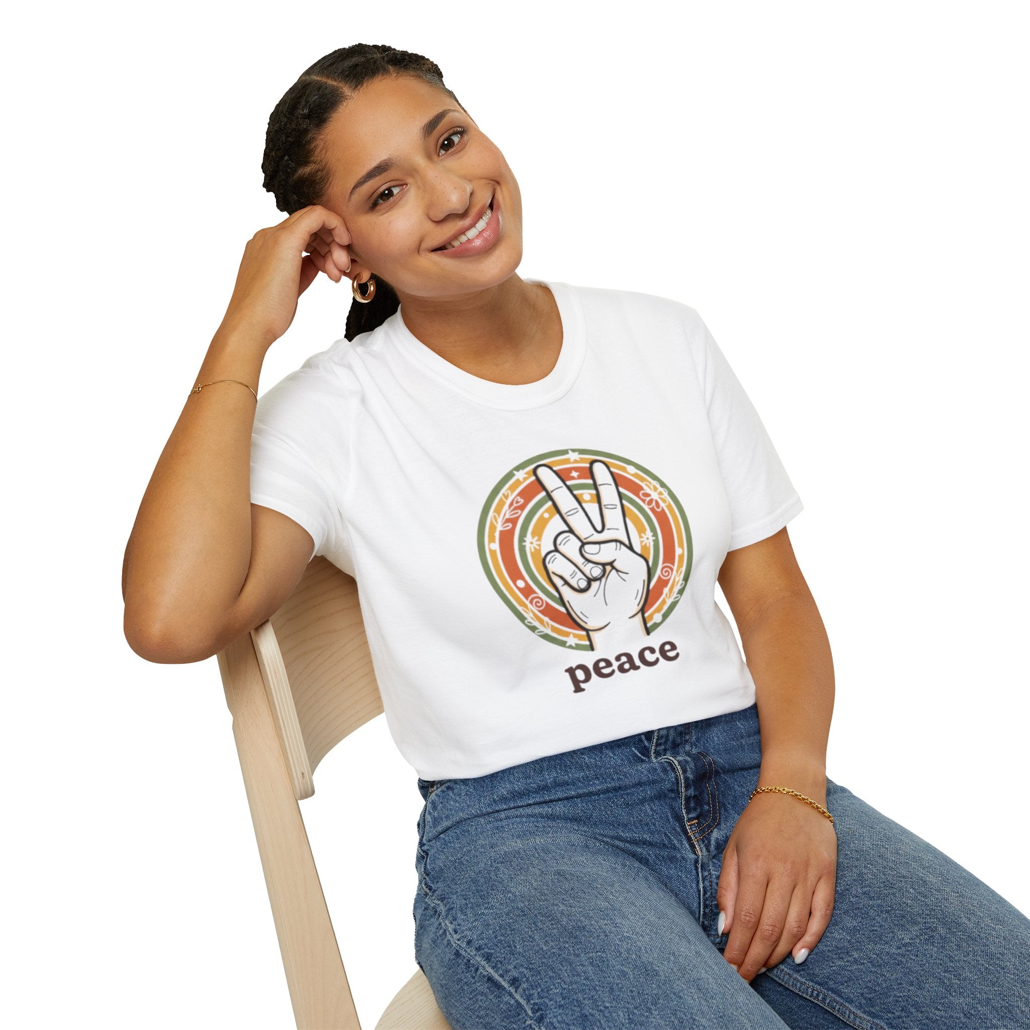 Peace Hand Sign T-Shirt | Retro Rainbow Circle, Vintage Hippie Vibe