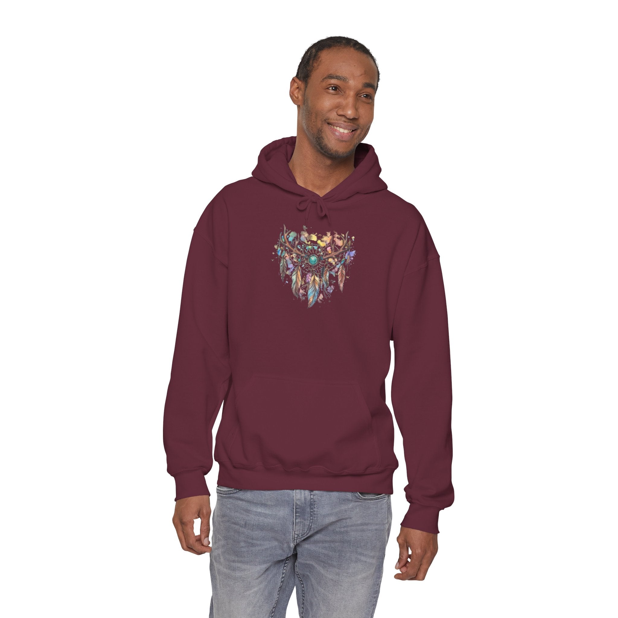 Dreamcatcher Antler Hoodie — Watercolor Feathers & Floral Boho Sweatshirt
