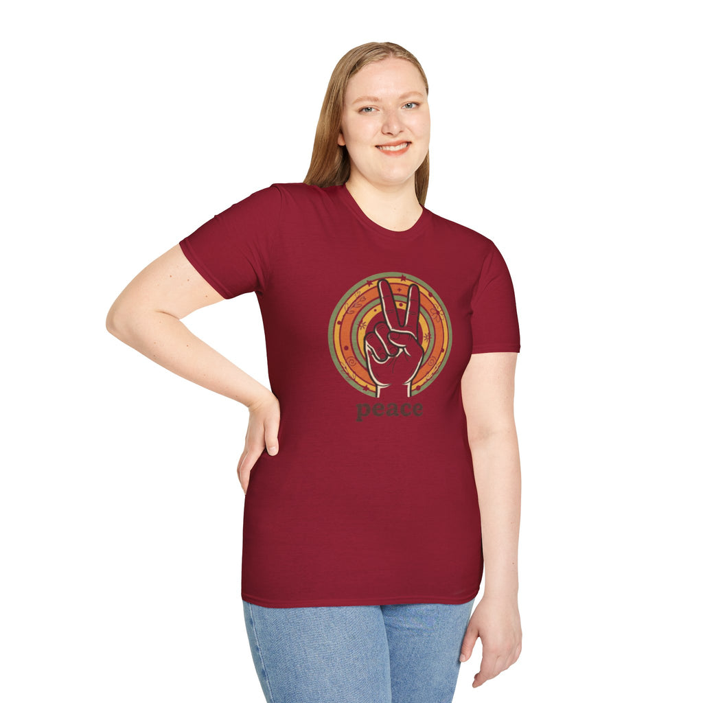 Peace Hand Sign T-Shirt | Retro Rainbow Circle, Vintage Hippie Vibe