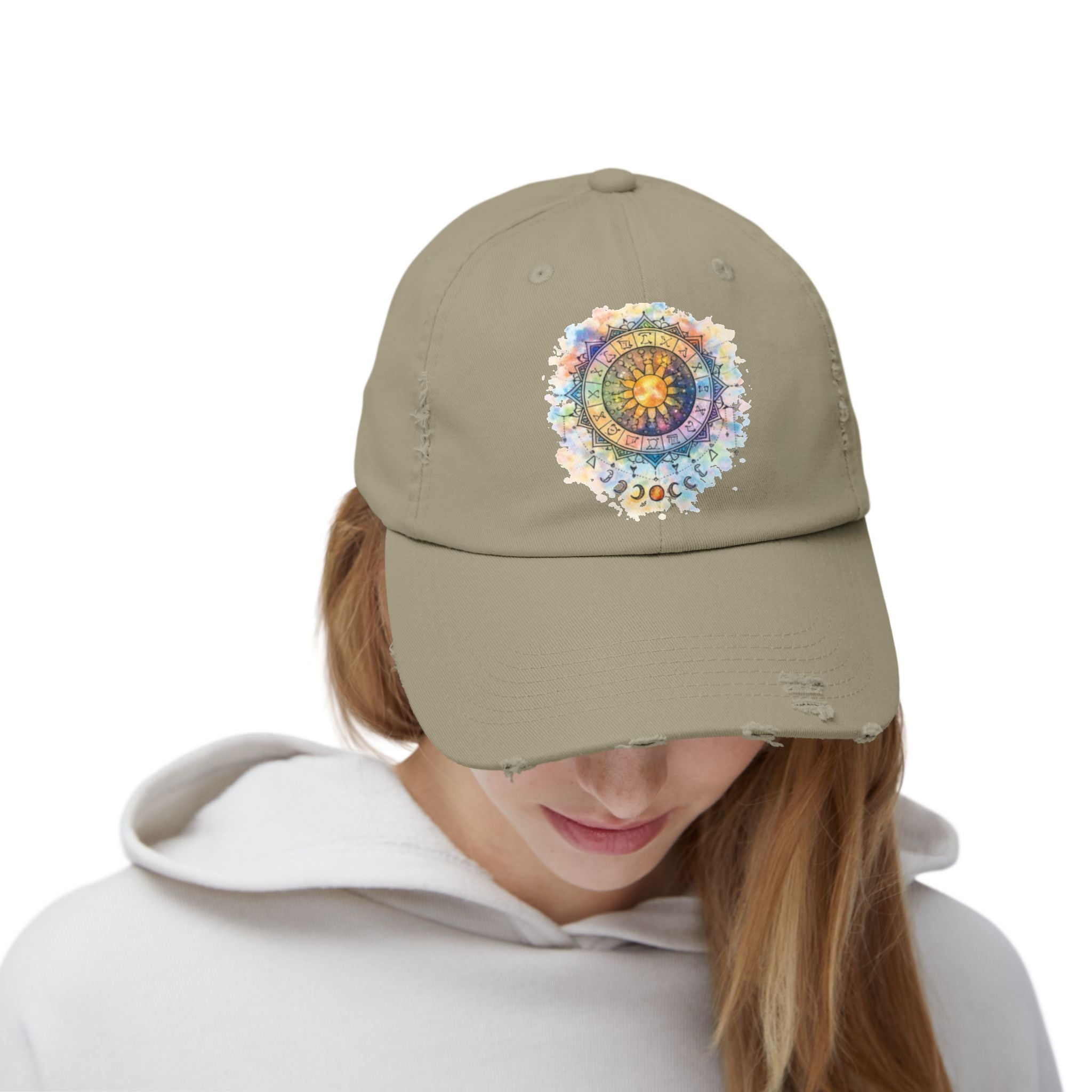 Distressed Cap — Watercolor Compass Mandala Hat
