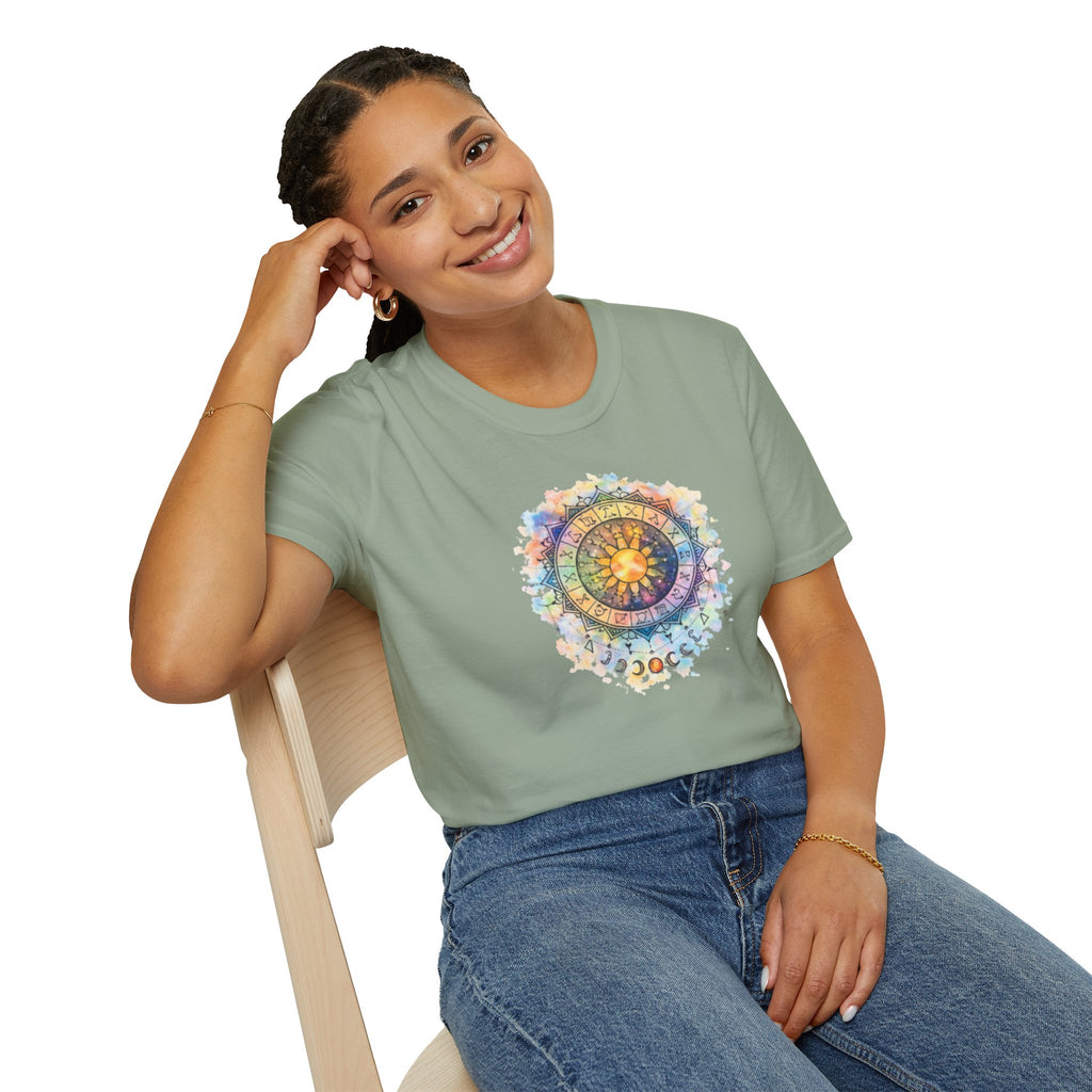 Sun & Moon Zodiac T-Shirt — Watercolor Astrological Mandala Tee