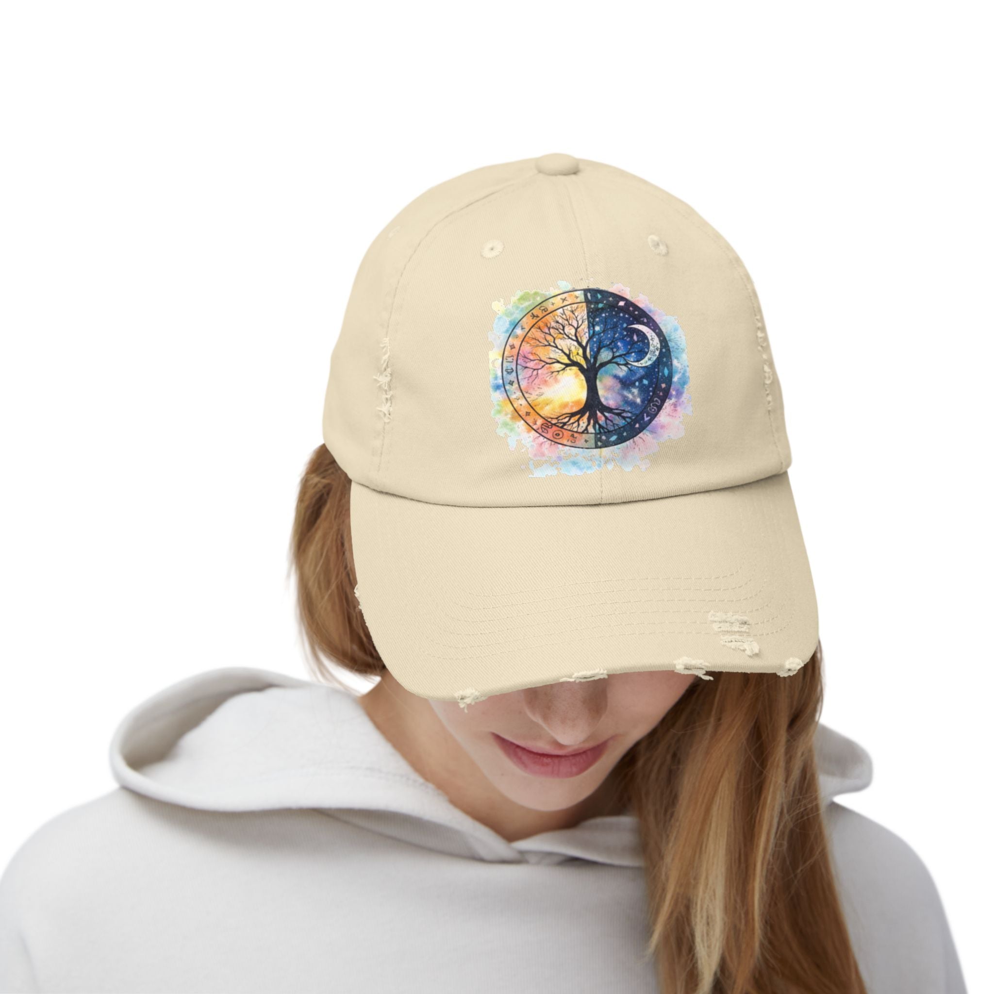 Distressed Cap — Watercolor Yin Yang Tree Baseball Hat