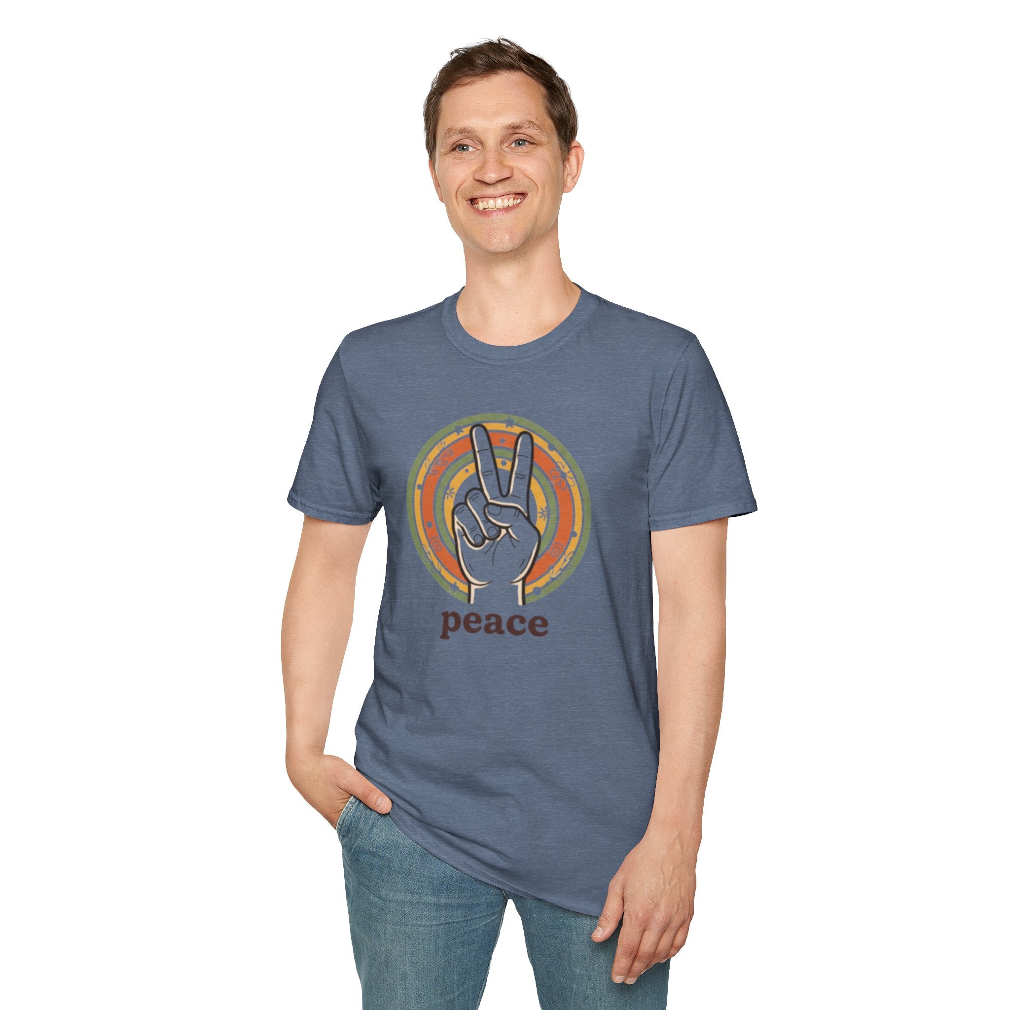 Peace Hand Sign T-Shirt | Retro Rainbow Circle, Vintage Hippie Vibe