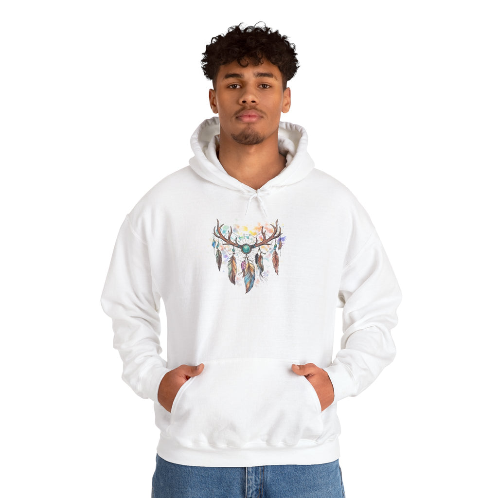 Dreamcatcher Antler Hoodie — Watercolor Feathers & Floral Boho Sweatshirt