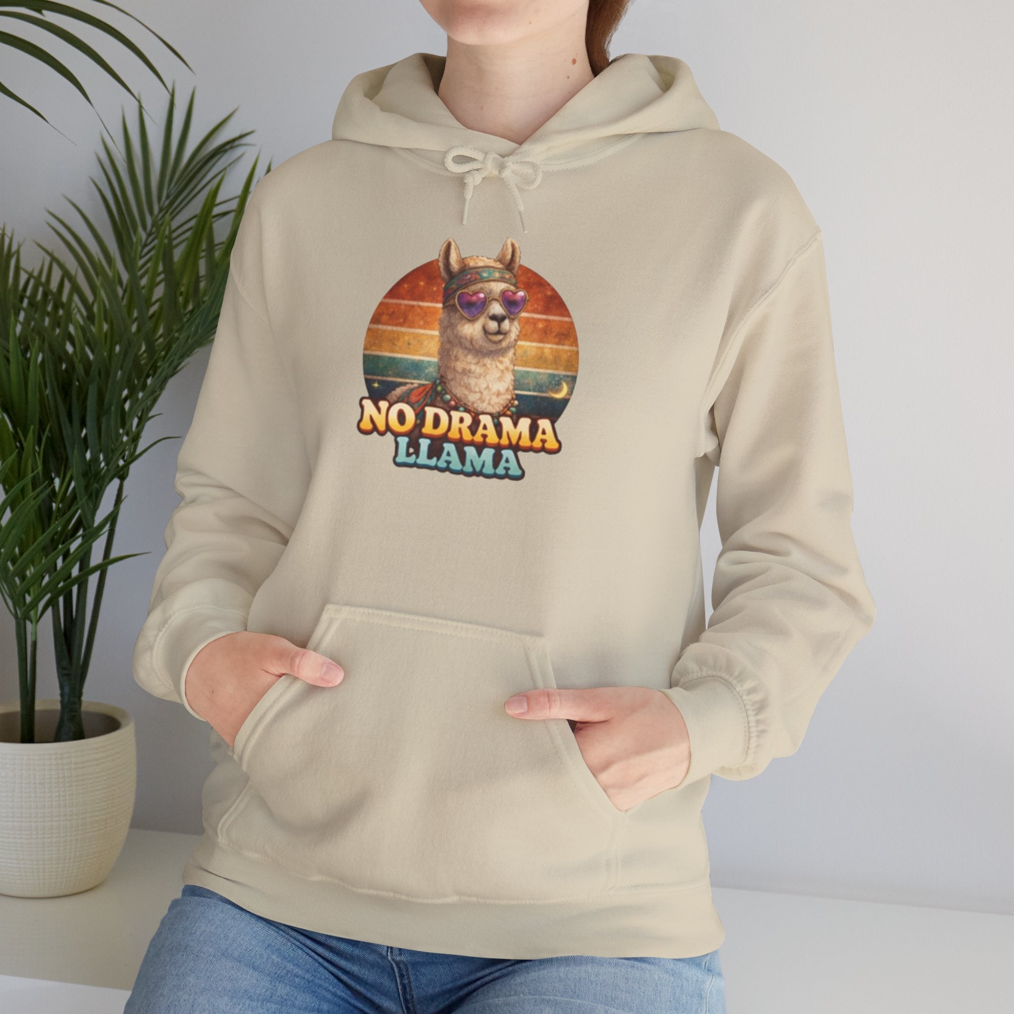 No Drama Llama Hoodie – Retro Sunset Graphic Pullover