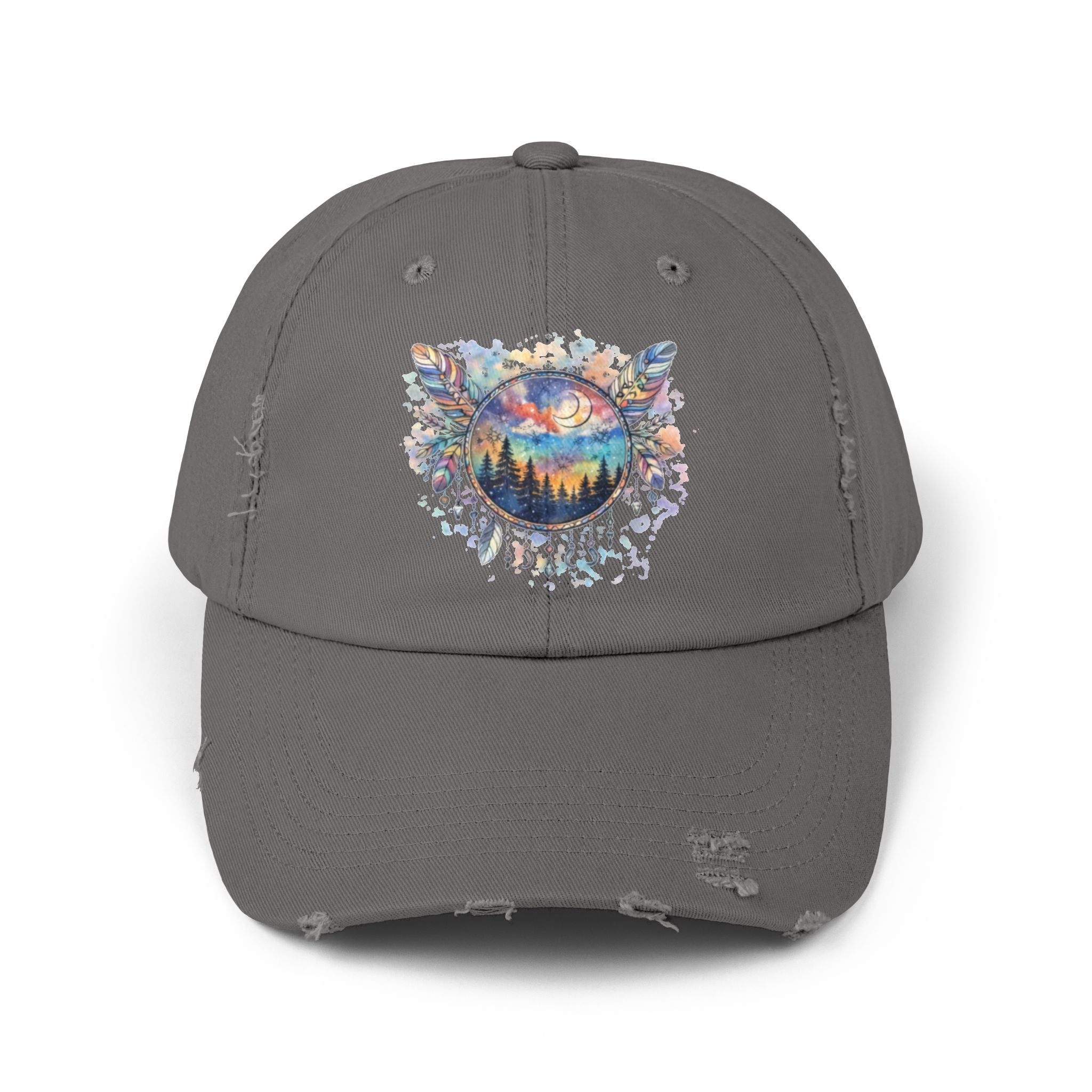 Wolf Moon Distressed Cap — Watercolor Nightscape Hat