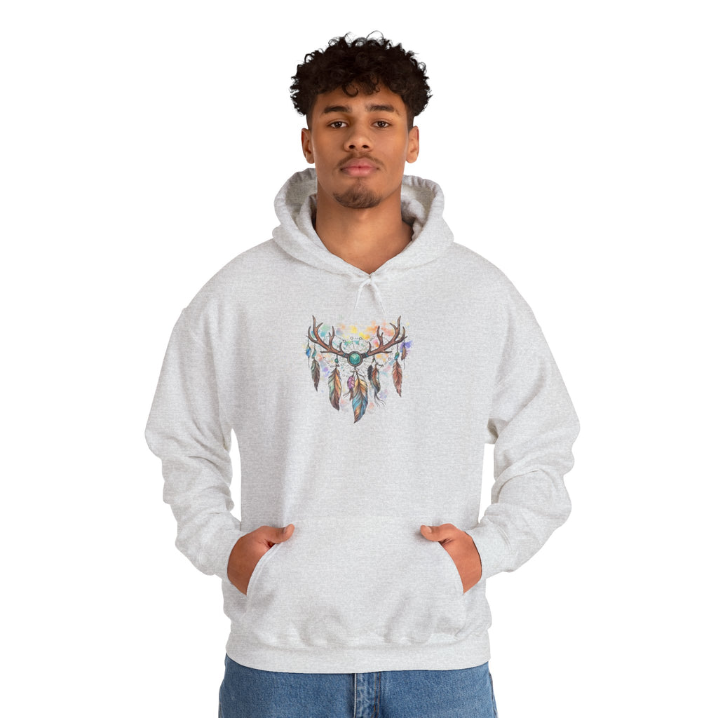 Dreamcatcher Antler Hoodie — Watercolor Feathers & Floral Boho Sweatshirt