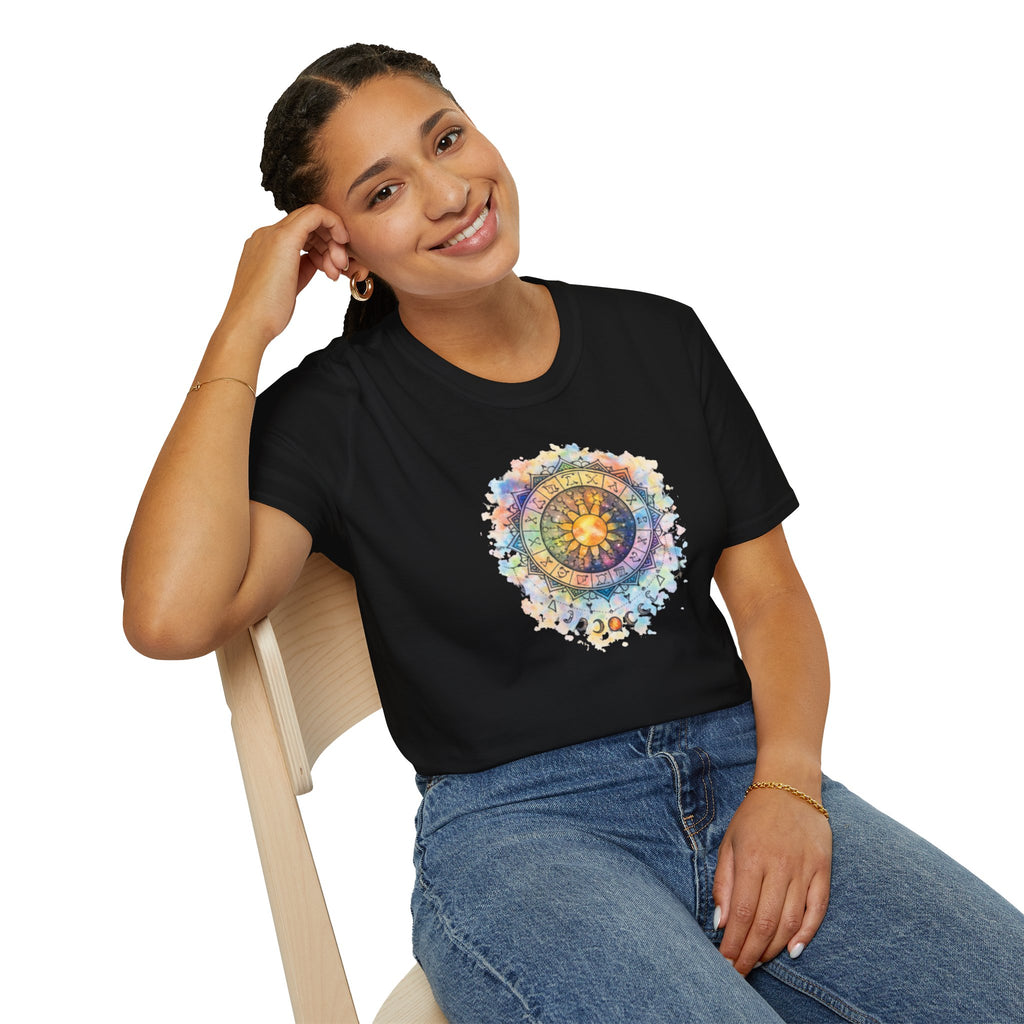 Sun & Moon Zodiac T-Shirt — Watercolor Astrological Mandala Tee