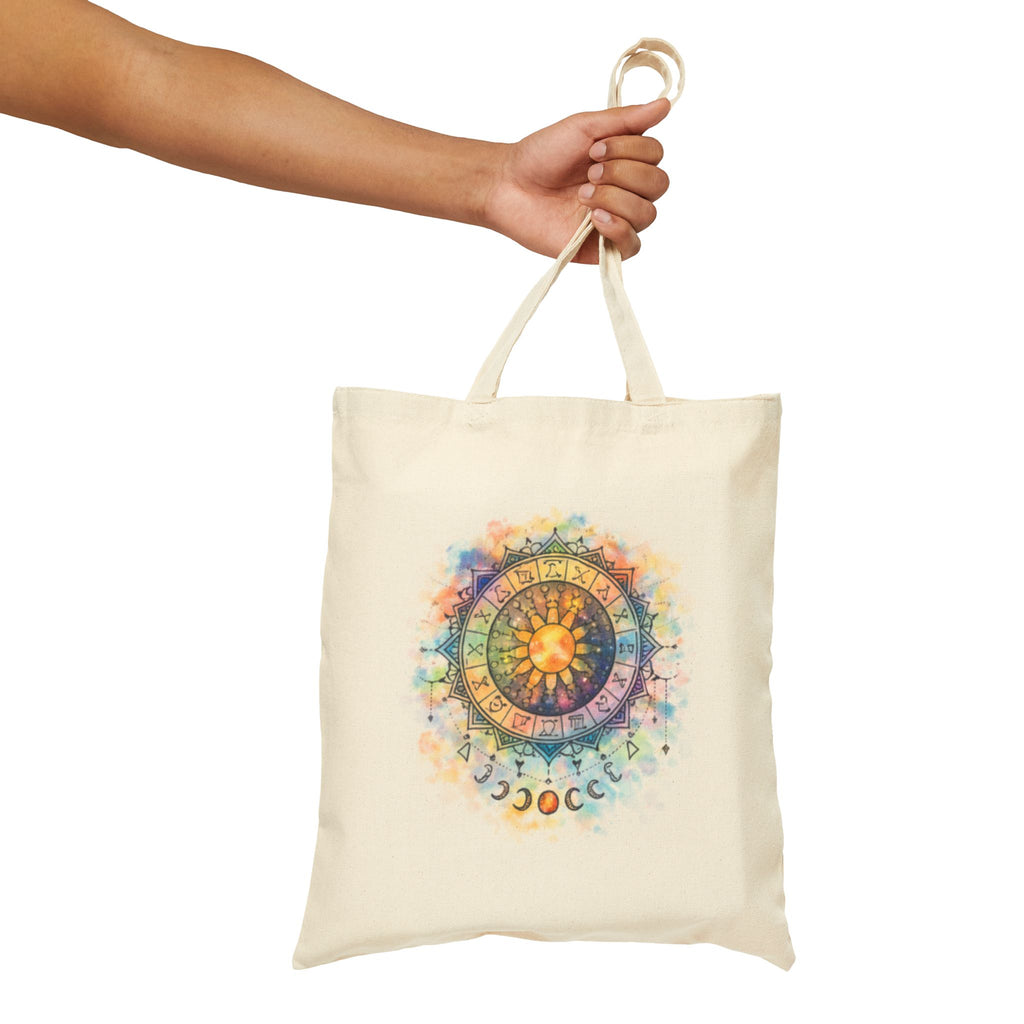 Watercolor Sun Mandala Tote Bag | Celestial Moon Phase Design