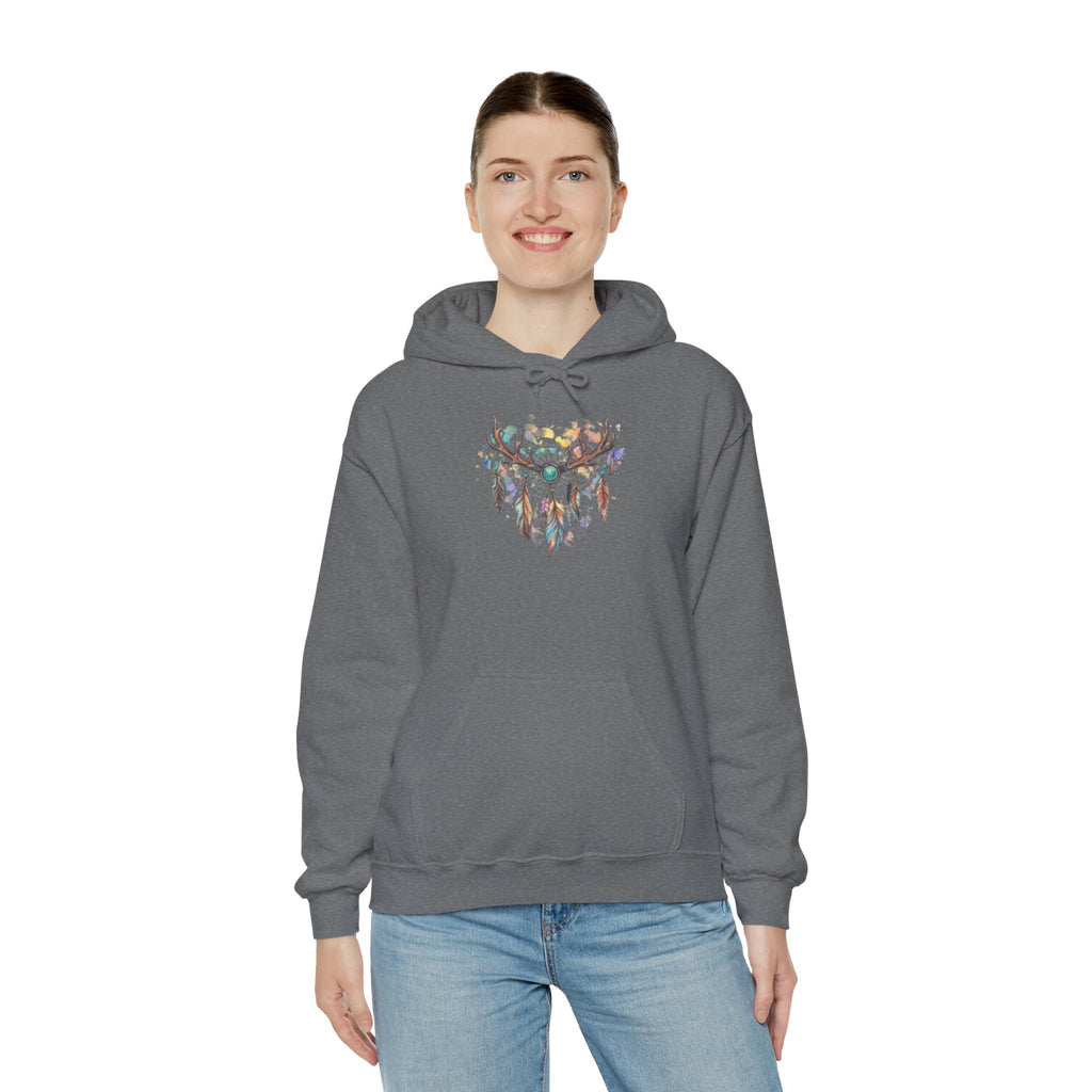 Dreamcatcher Antler Hoodie — Watercolor Feathers & Floral Boho Sweatshirt