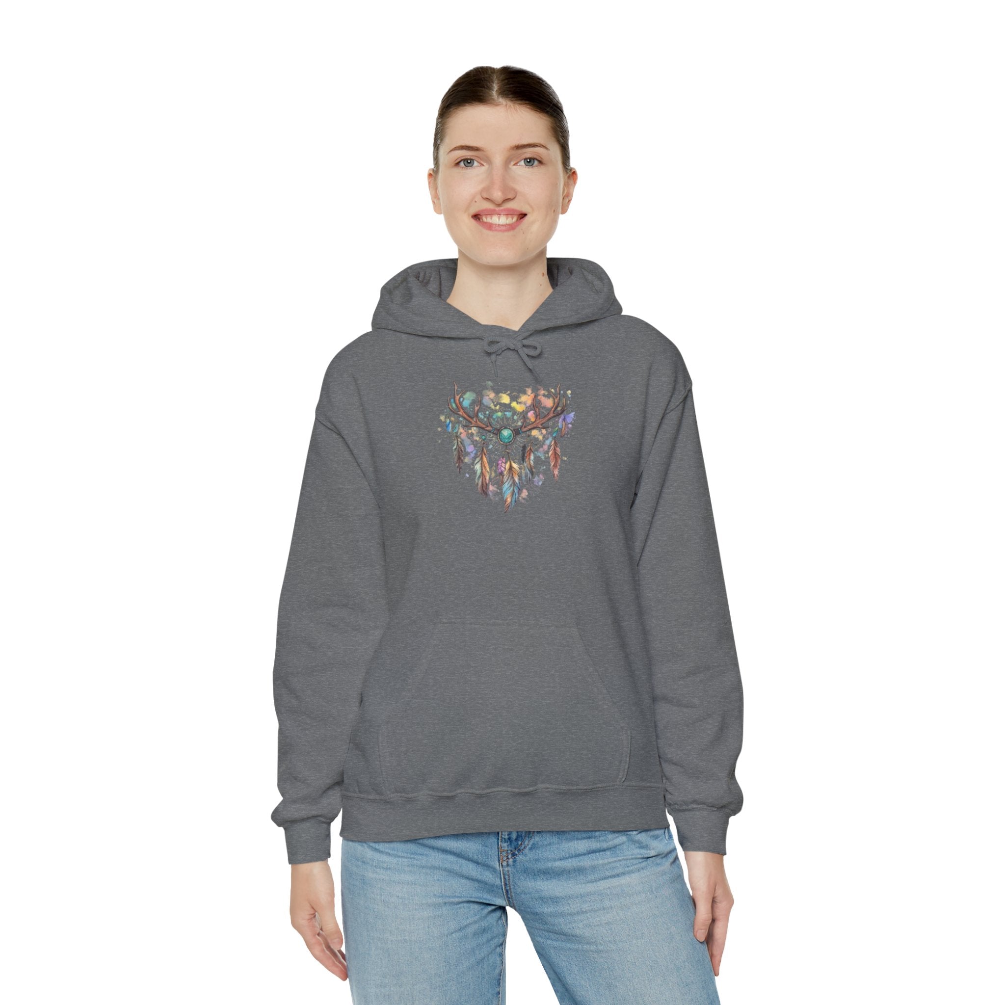 Dreamcatcher Antler Hoodie — Watercolor Feathers & Floral Boho Sweatshirt