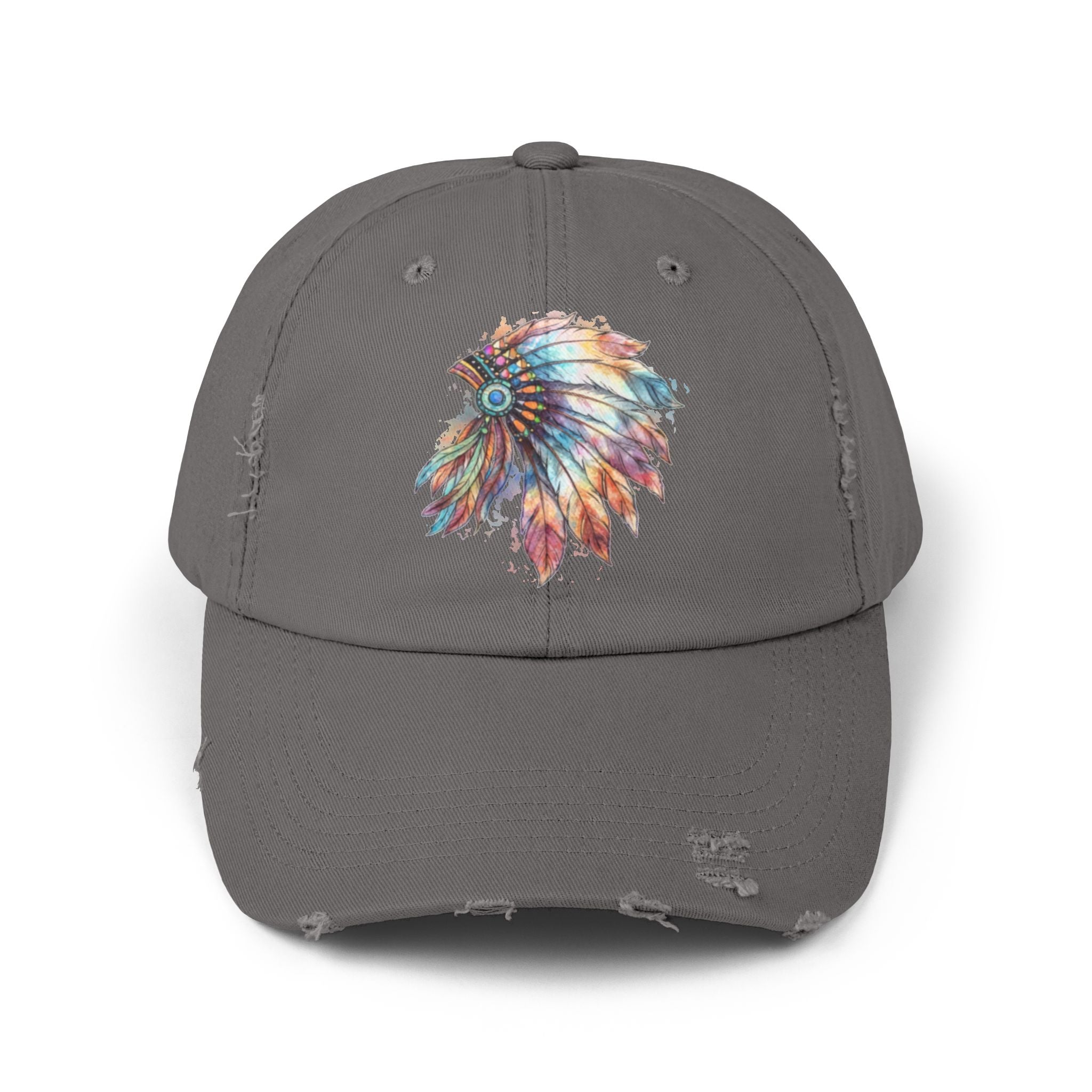 Distressed Cap with Colorful Watercolor Native Feather Headdress