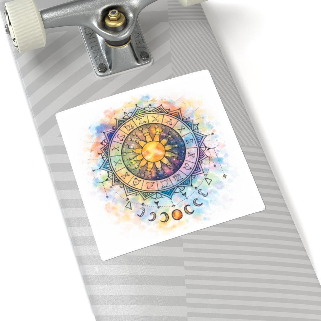 Watercolor Zodiac Mandala Square Stickers | Sun Moon Phases, Astrological Symbols