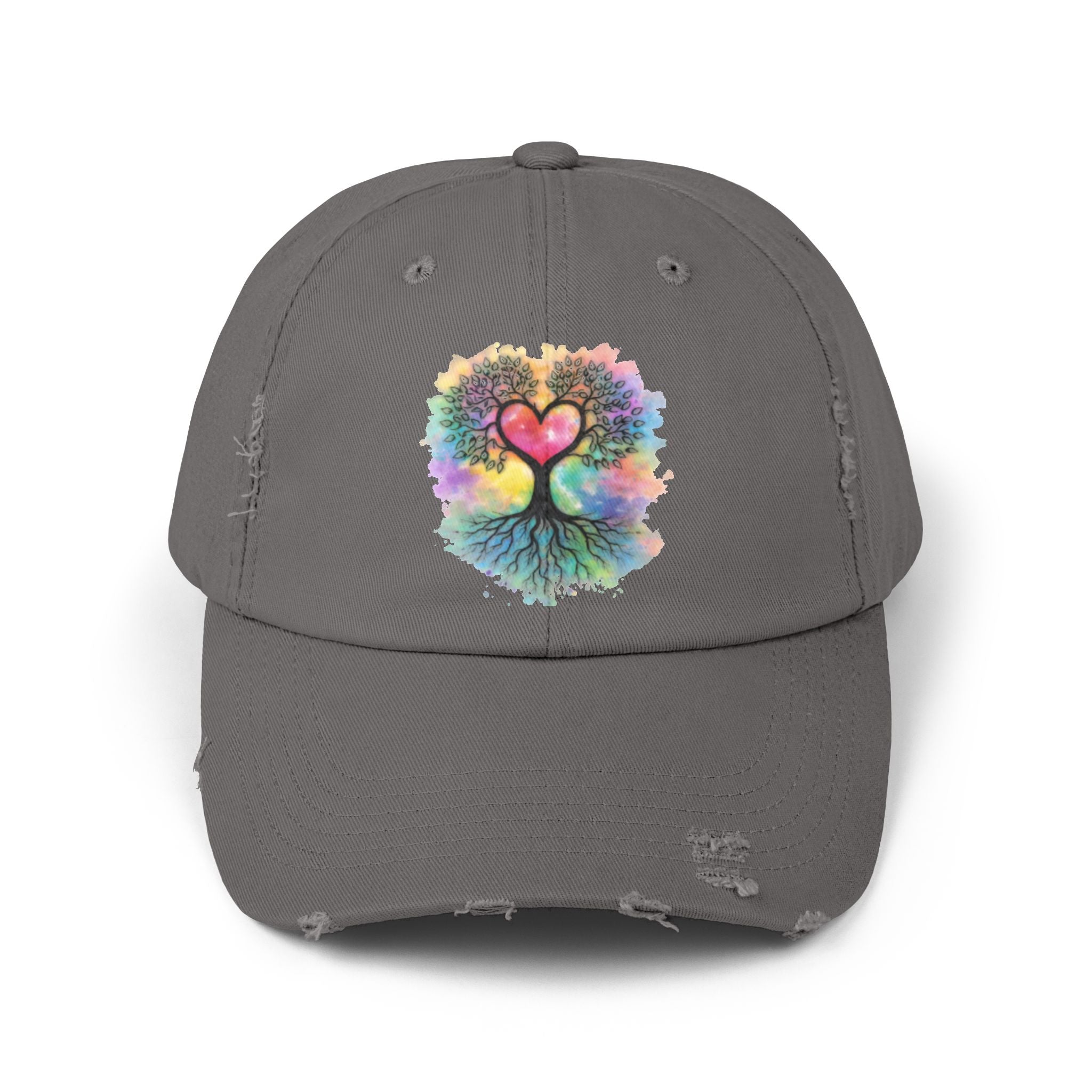 Distressed Dad Hat with Colorful Heart Tree Of Life  Design — Boho Love Cap