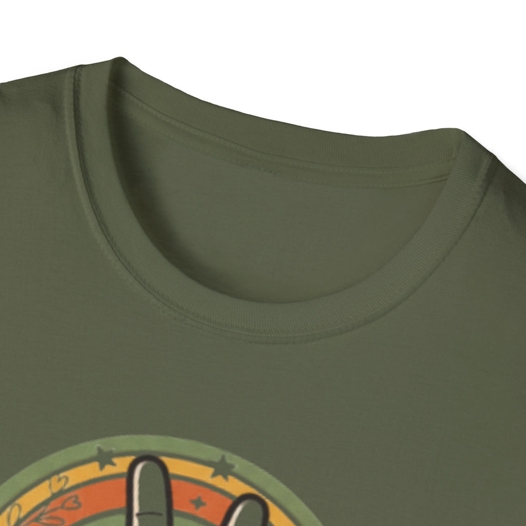 Peace Hand Sign T-Shirt | Retro Rainbow Circle, Vintage Hippie Vibe