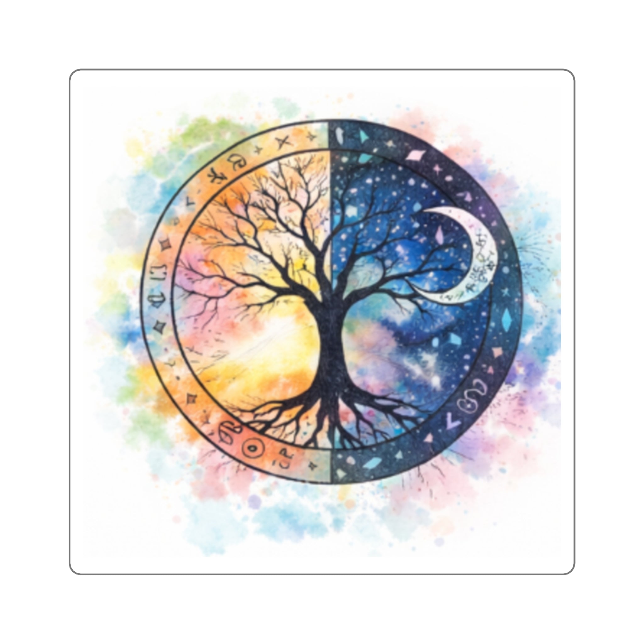 Yin Yang Tree of Life Square Stickers | Day Night Watercolor Astrology