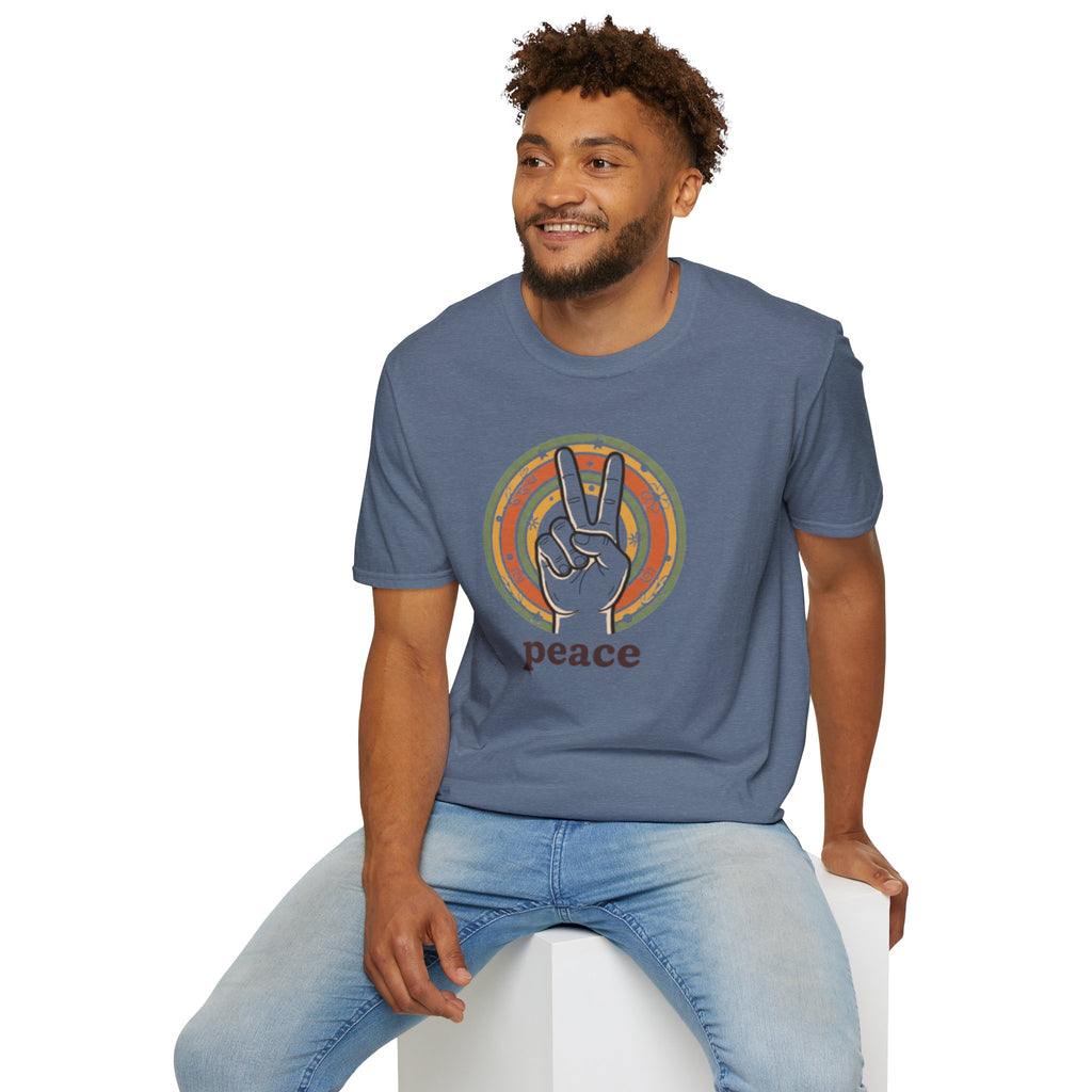 Peace Hand Sign T-Shirt | Retro Rainbow Circle, Vintage Hippie Vibe