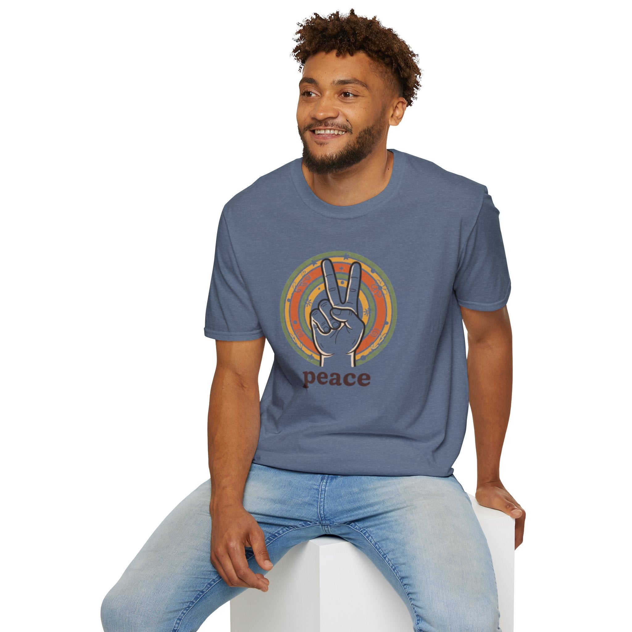 Peace Hand Sign T-Shirt | Retro Rainbow Circle, Vintage Hippie Vibe