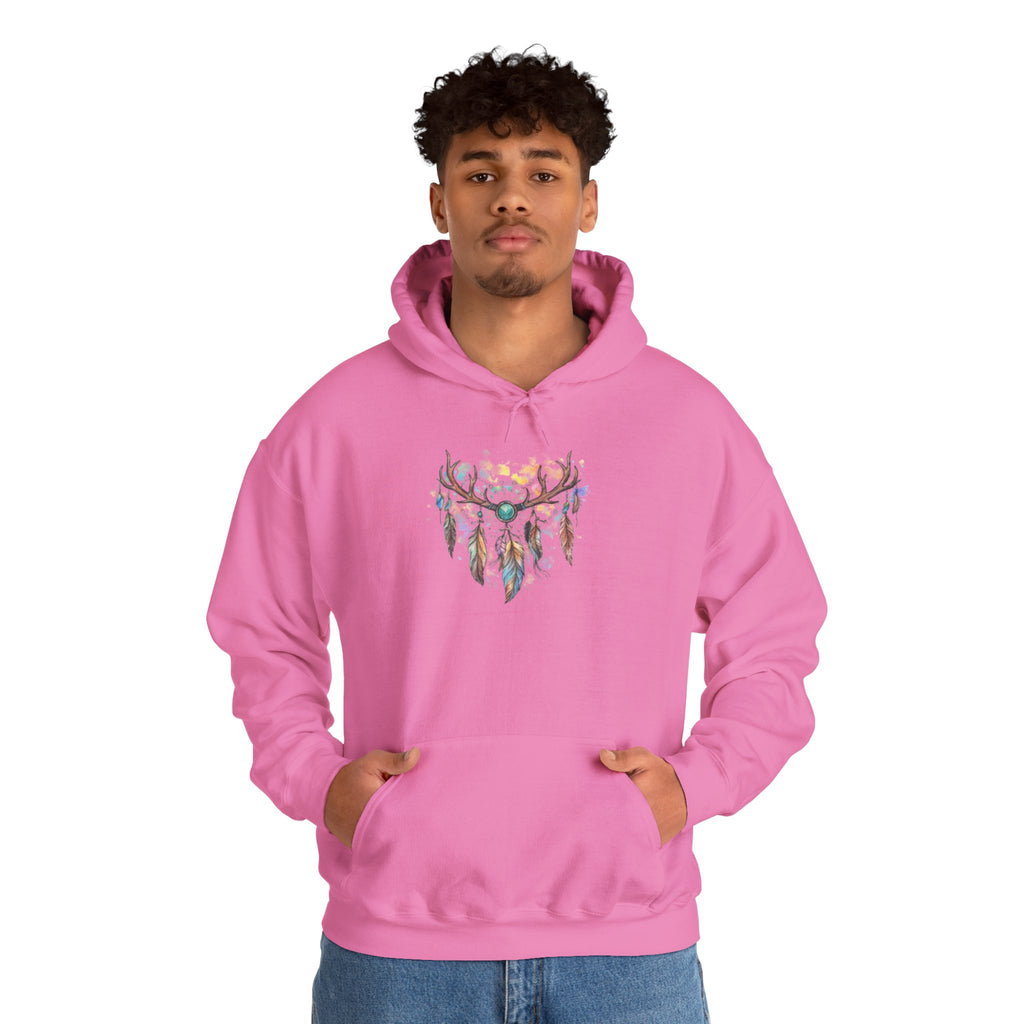 Dreamcatcher Antler Hoodie — Watercolor Feathers & Floral Boho Sweatshirt
