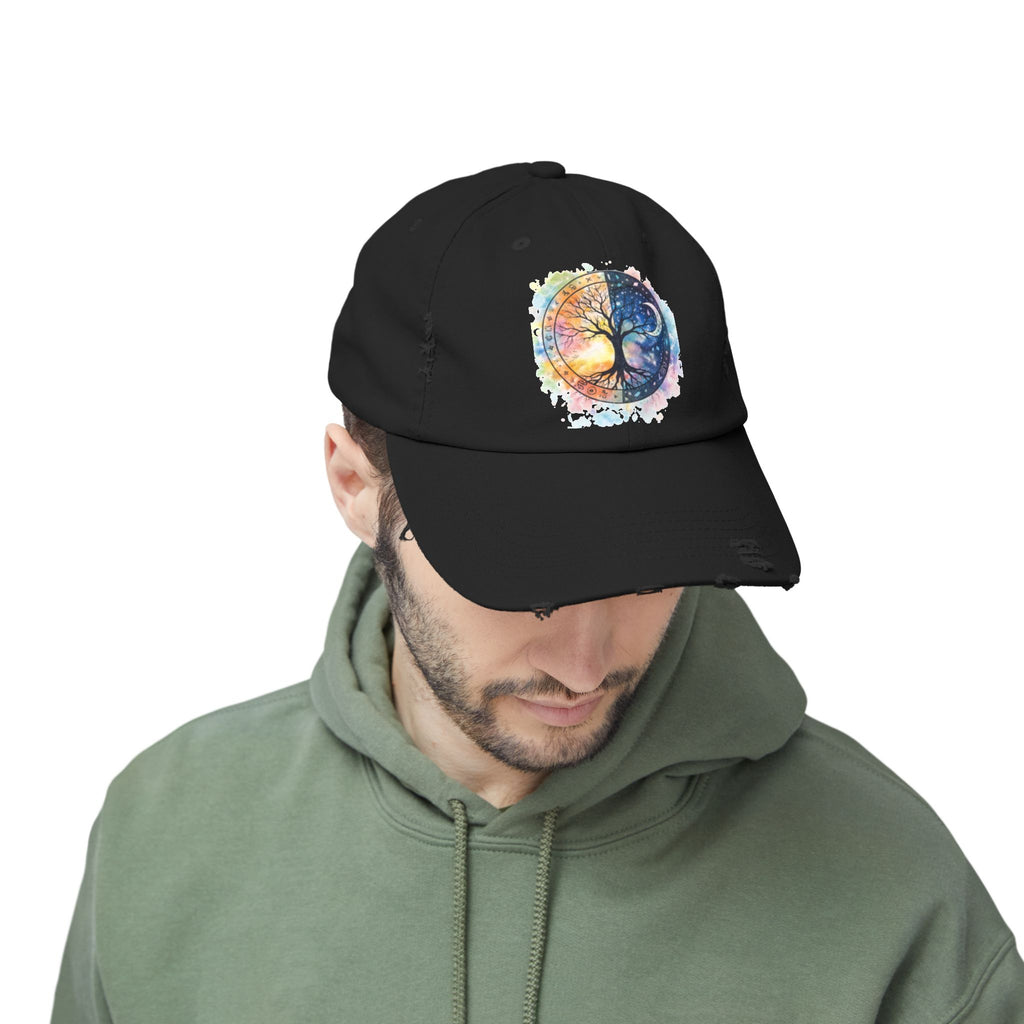 Distressed Cap — Watercolor Yin Yang Tree Baseball Hat