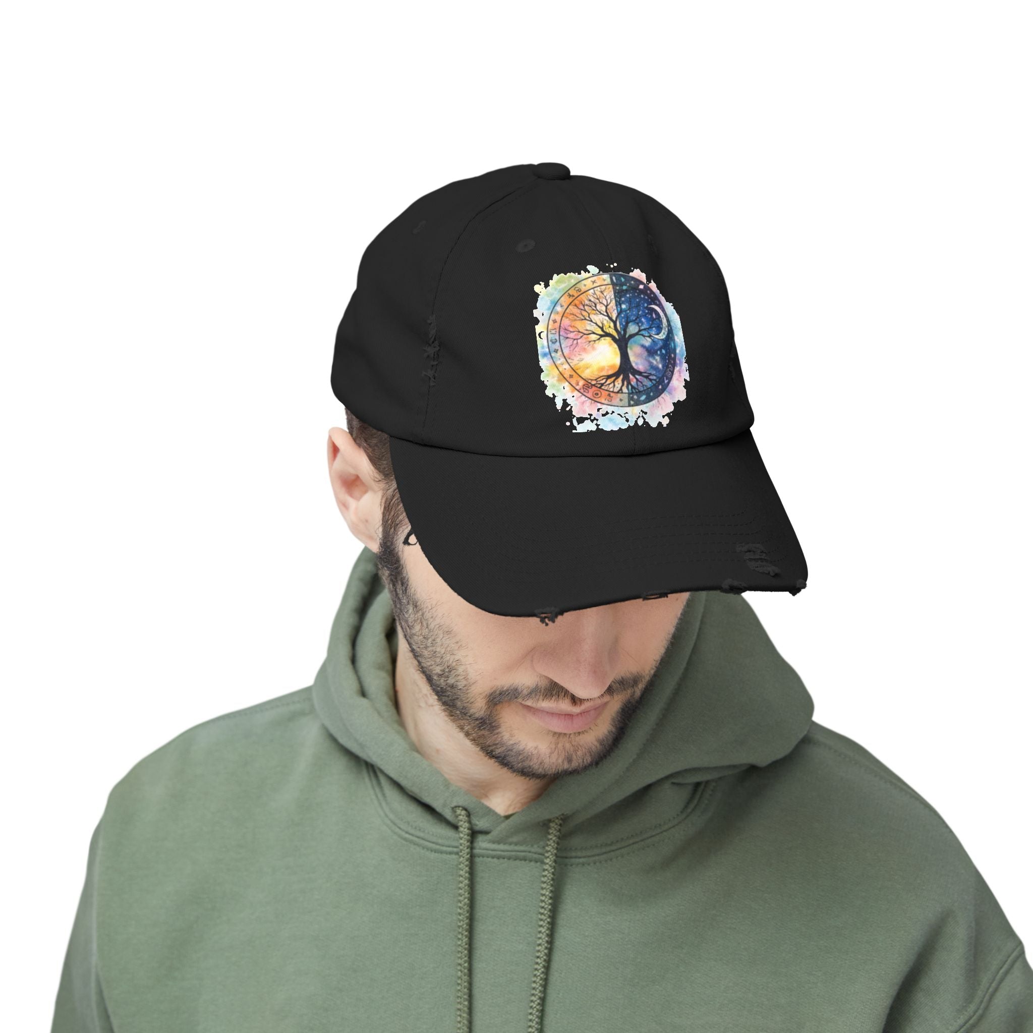 Distressed Cap — Watercolor Yin Yang Tree Baseball Hat