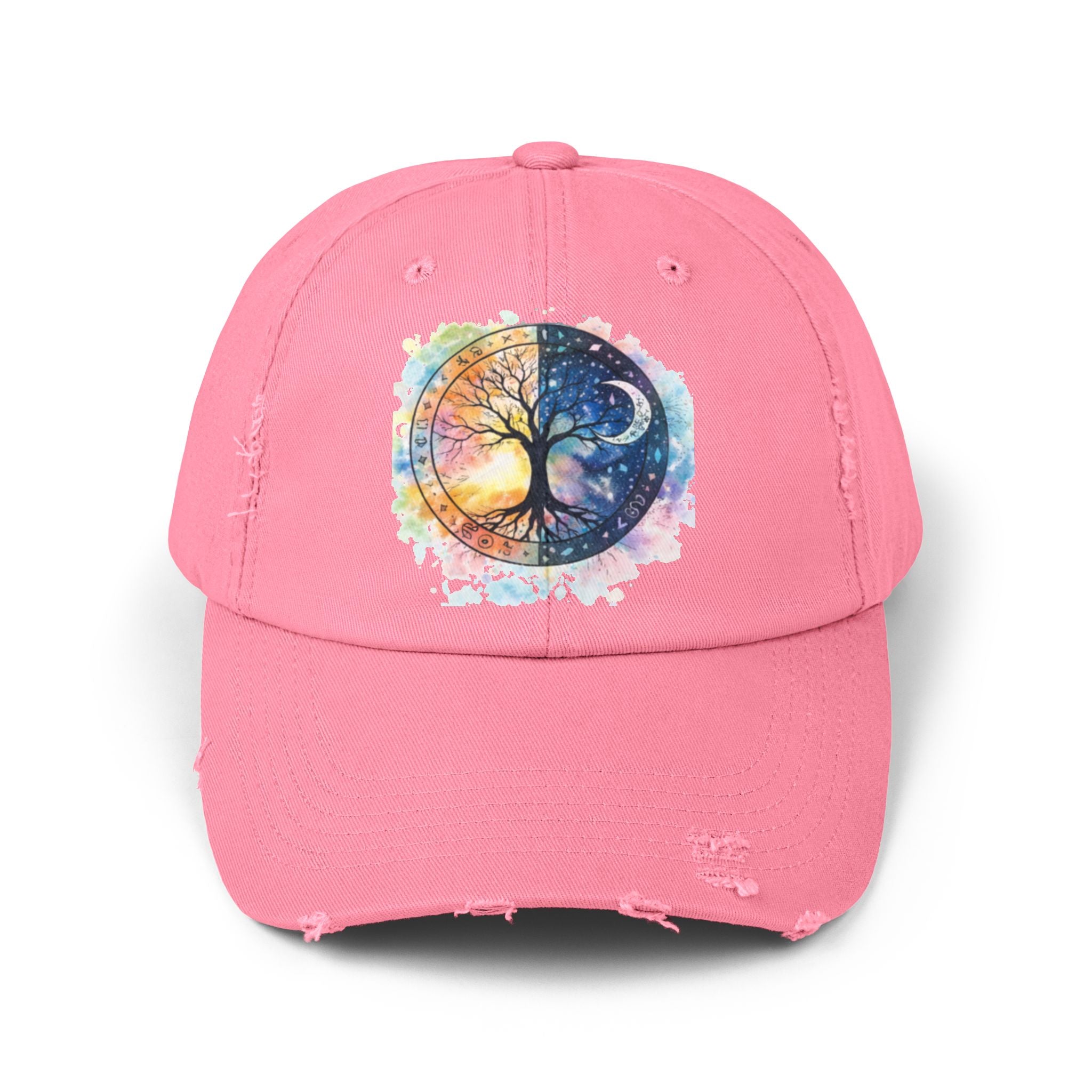 Distressed Cap — Watercolor Yin Yang Tree Baseball Hat