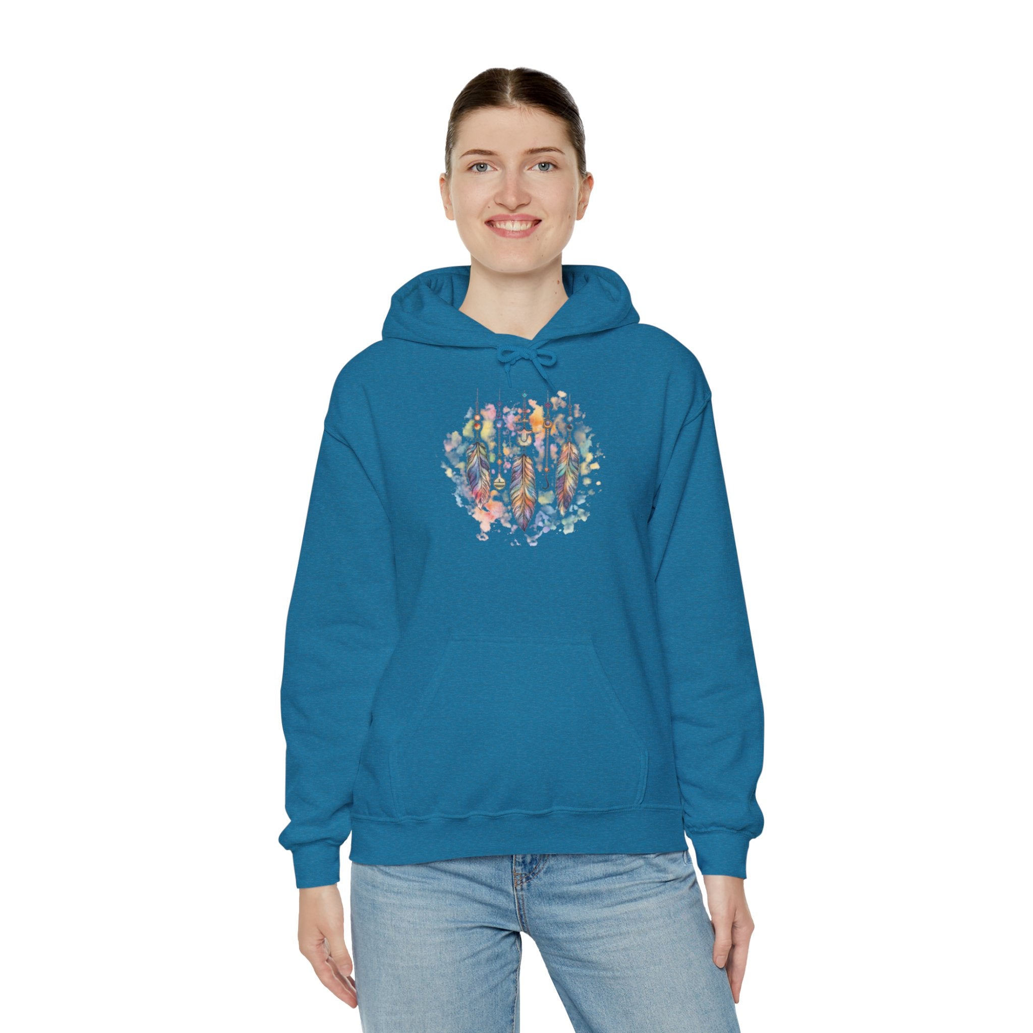 Boho Feather Dreamcatcher Hoodie — Watercolor Tribal Feathers Pullover