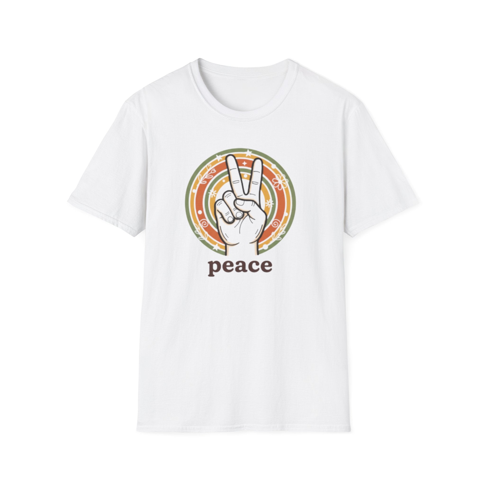 Peace Hand Sign T-Shirt | Retro Rainbow Circle, Vintage Hippie Vibe