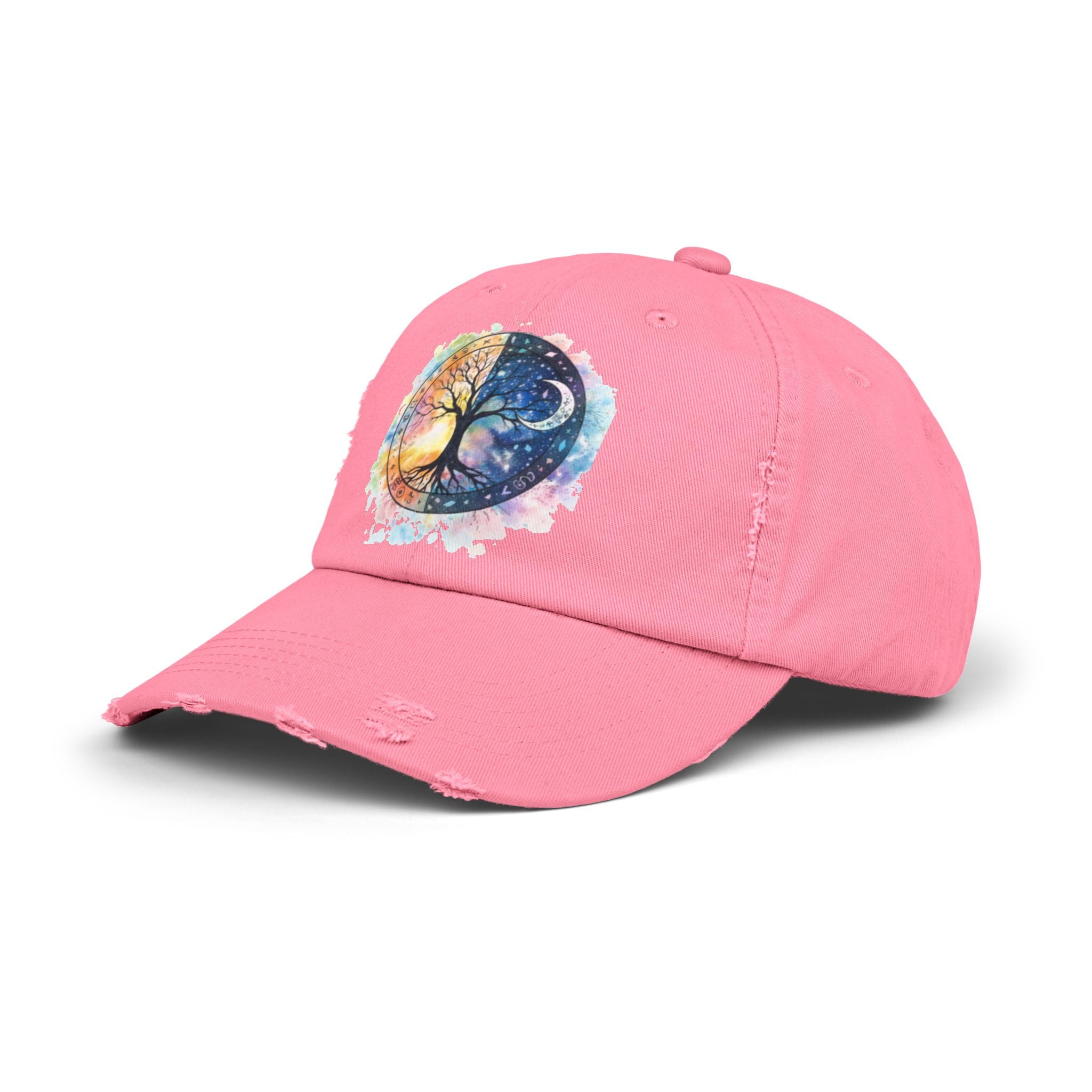 Distressed Cap — Watercolor Yin Yang Tree Baseball Hat