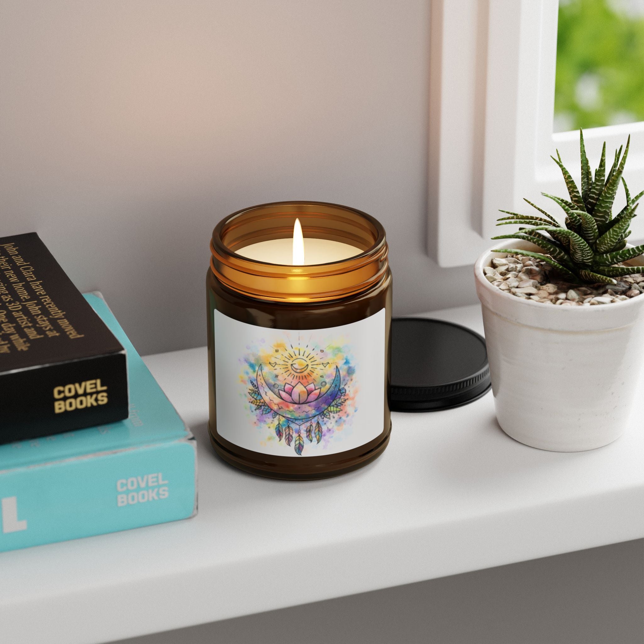 Sun & Moon Lotus Soy Candle — Watercolor Scented Amber Jar (Multi-Size & Scents)