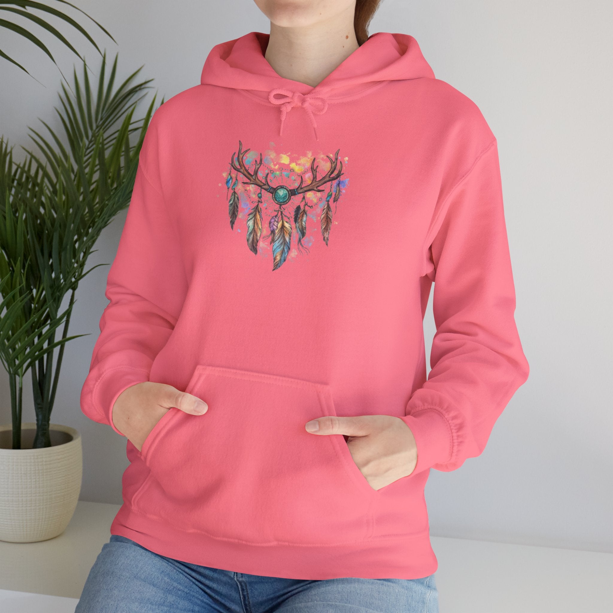 Dreamcatcher Antler Hoodie — Watercolor Feathers & Floral Boho Sweatshirt