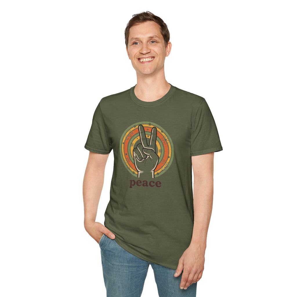 Peace Hand Sign T-Shirt | Retro Rainbow Circle, Vintage Hippie Vibe