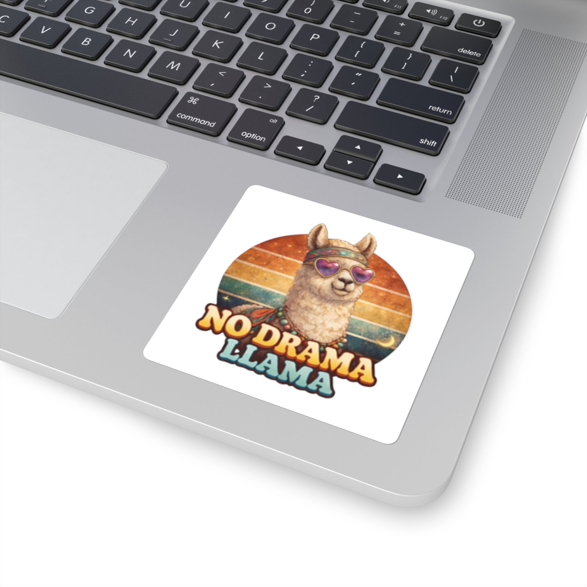 No Drama Llama Square Sticker — Retro Hippie Alpaca Decal