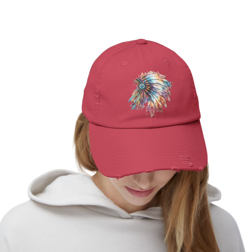 Distressed Cap with Colorful Watercolor Native Feather Headdress