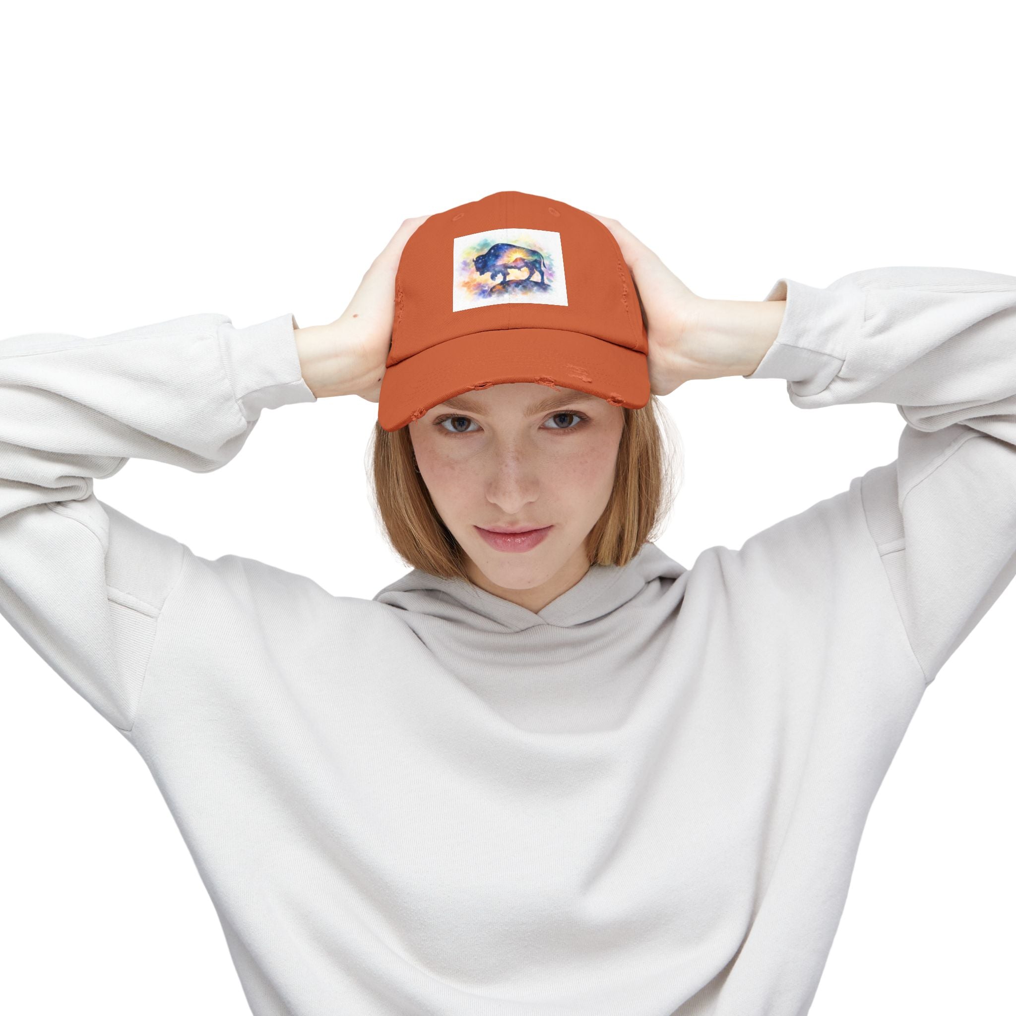 Distressed Buffalo Cap — Watercolor Bison Patch Hat