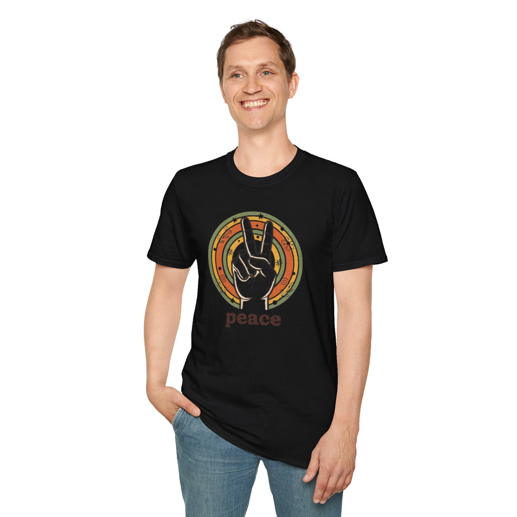 Peace Hand Sign T-Shirt | Retro Rainbow Circle, Vintage Hippie Vibe