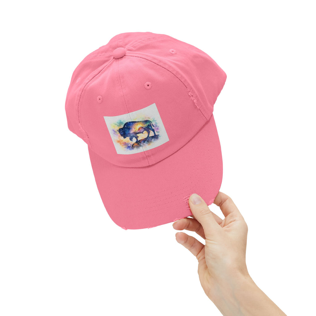 Distressed Buffalo Cap — Watercolor Bison Patch Hat
