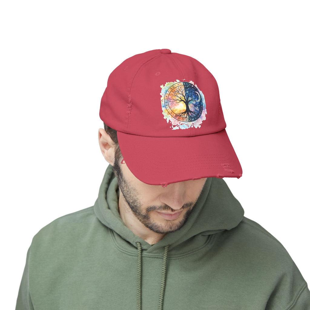 Distressed Cap — Watercolor Yin Yang Tree Baseball Hat